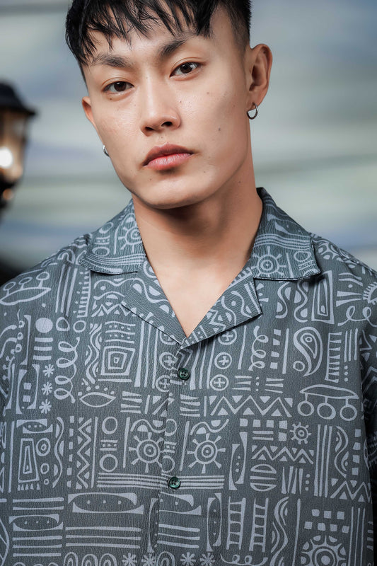Abstract Tribal Print Cuban Collar Relaxed Fit Resort Shirt