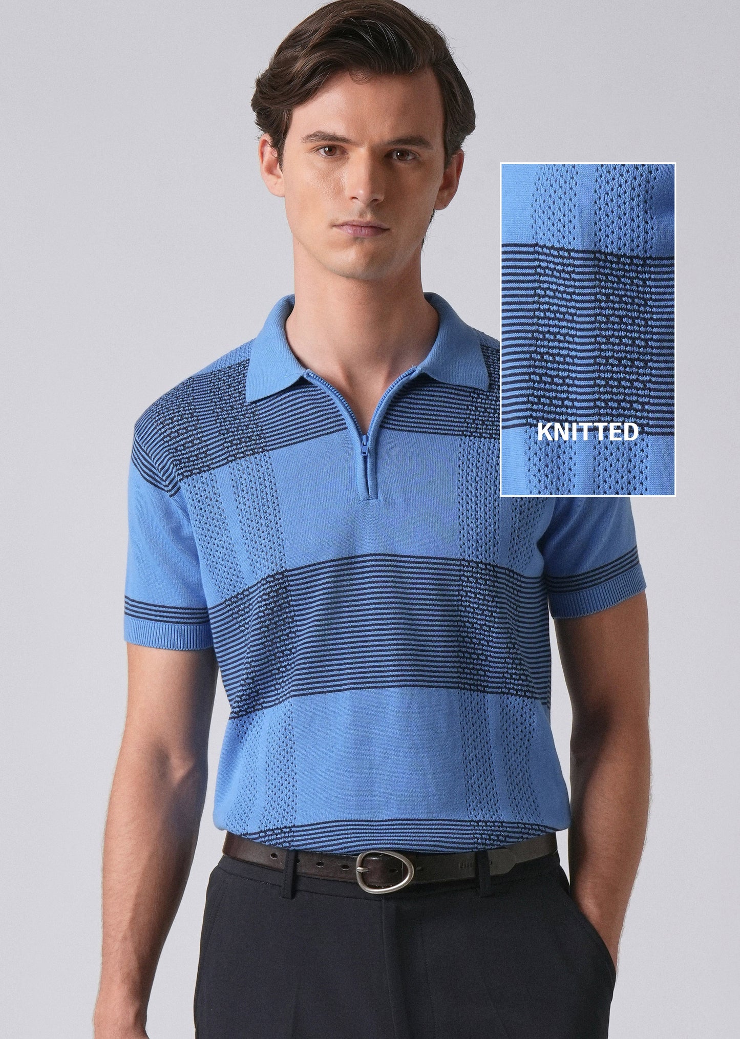 Blue Knitted Polo Zipper T-shirt