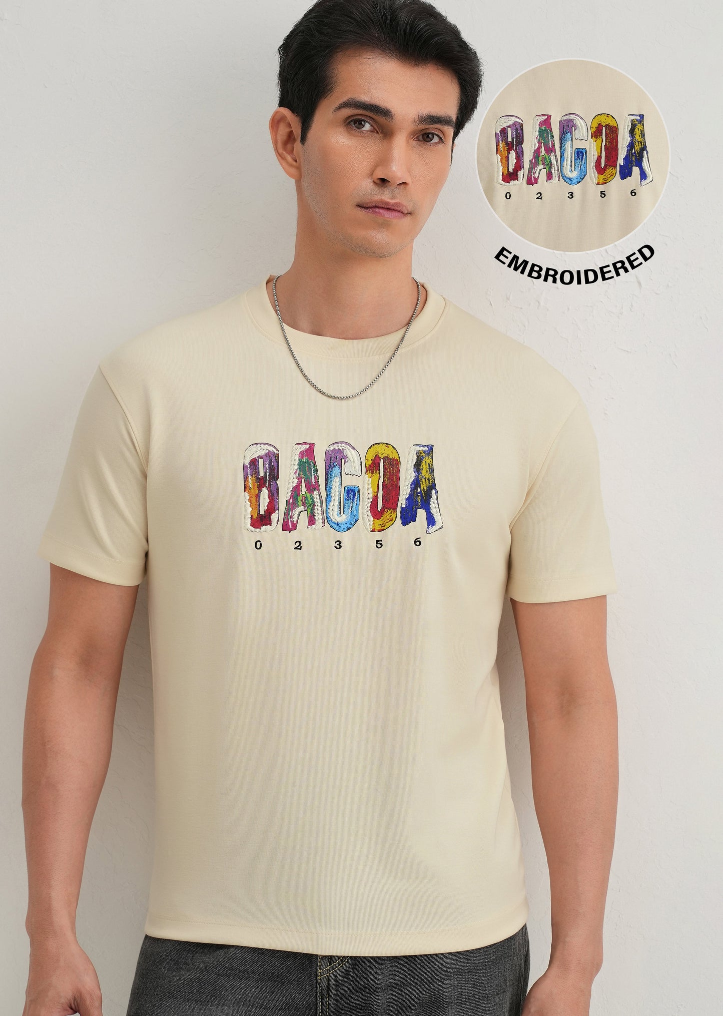 Cream Embroidered Graphic Print T-Shirt