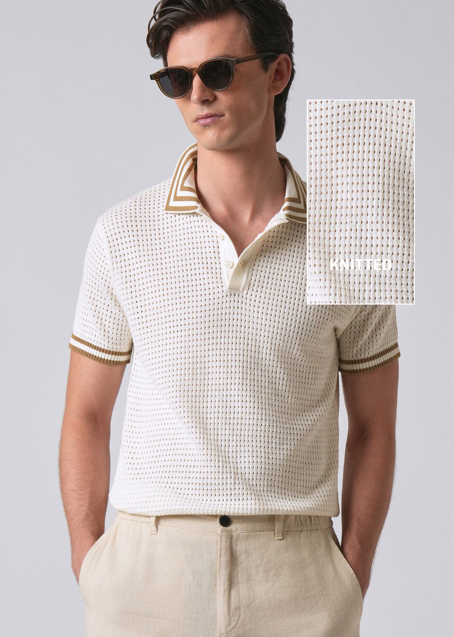 Cream Open Knitted Polo T-shirt