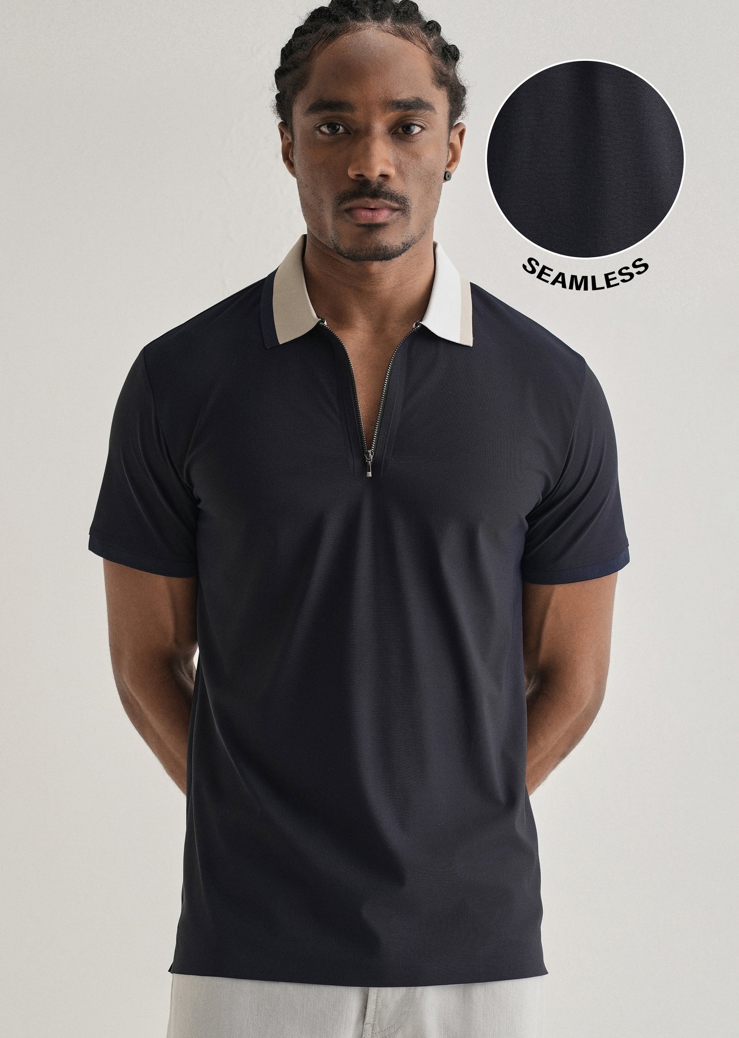 Navy Blue Zipper Polo Collar Seamless T-shirt