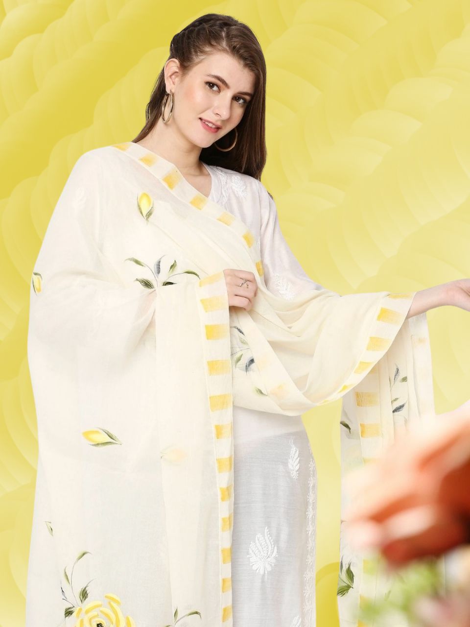 Cream & Yellow Hand Painted Pure Cotton Dupatta