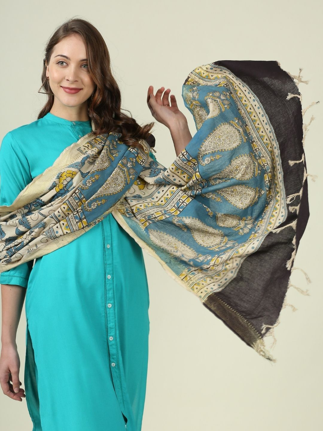 Kalamkari Mangalgiri Blue & Mustard Cotton Dupatta