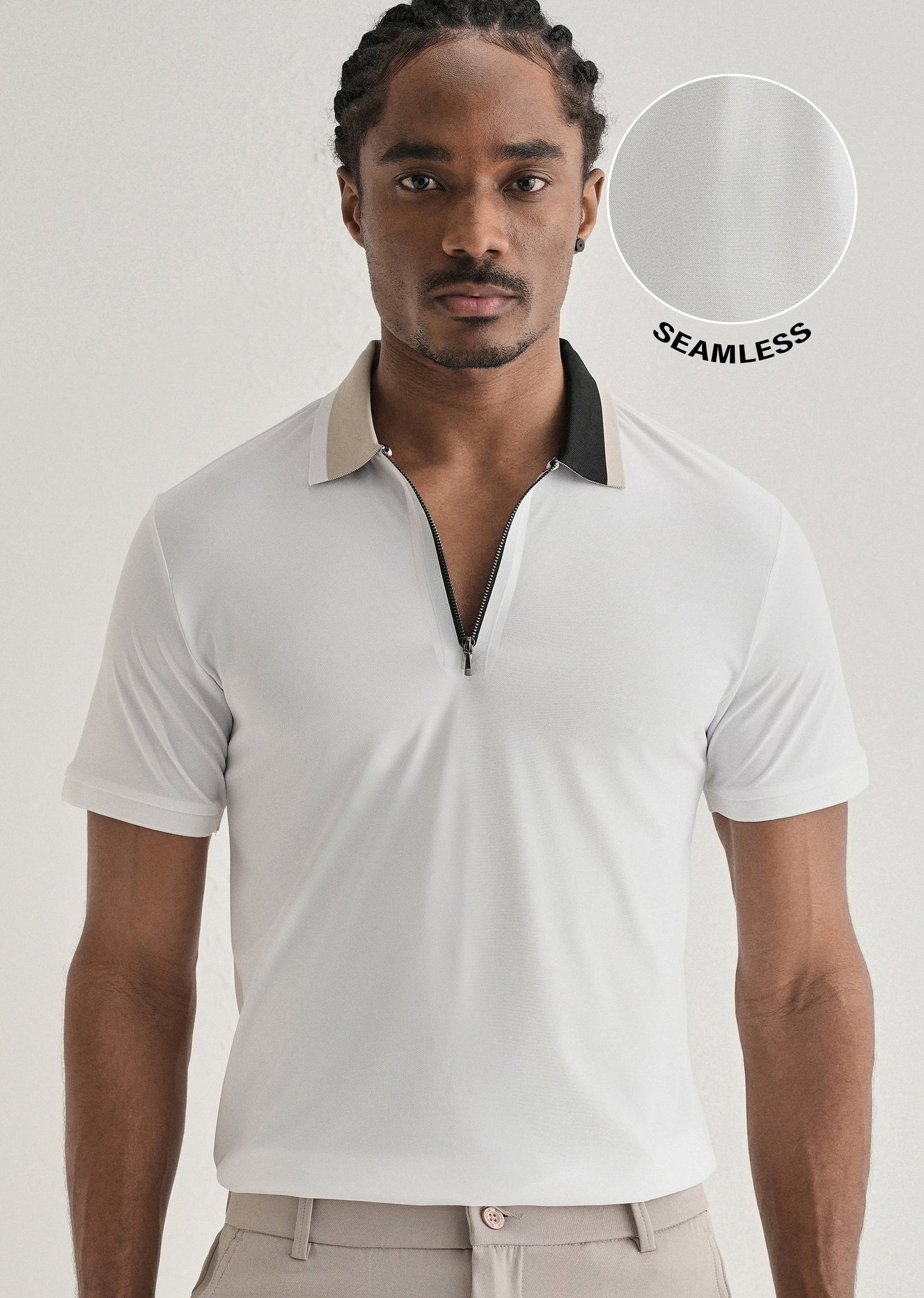 White Zipper Polo Collar Seamless T-shirt