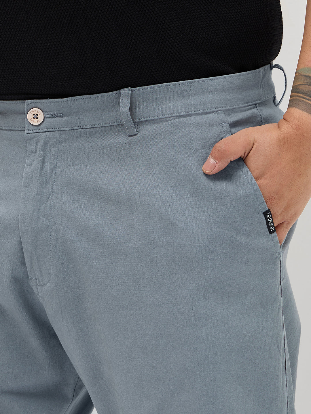 Plus Men's Light Blue Straight Fit Mid Rise Cotton Casual Chinos Trousers Stretch