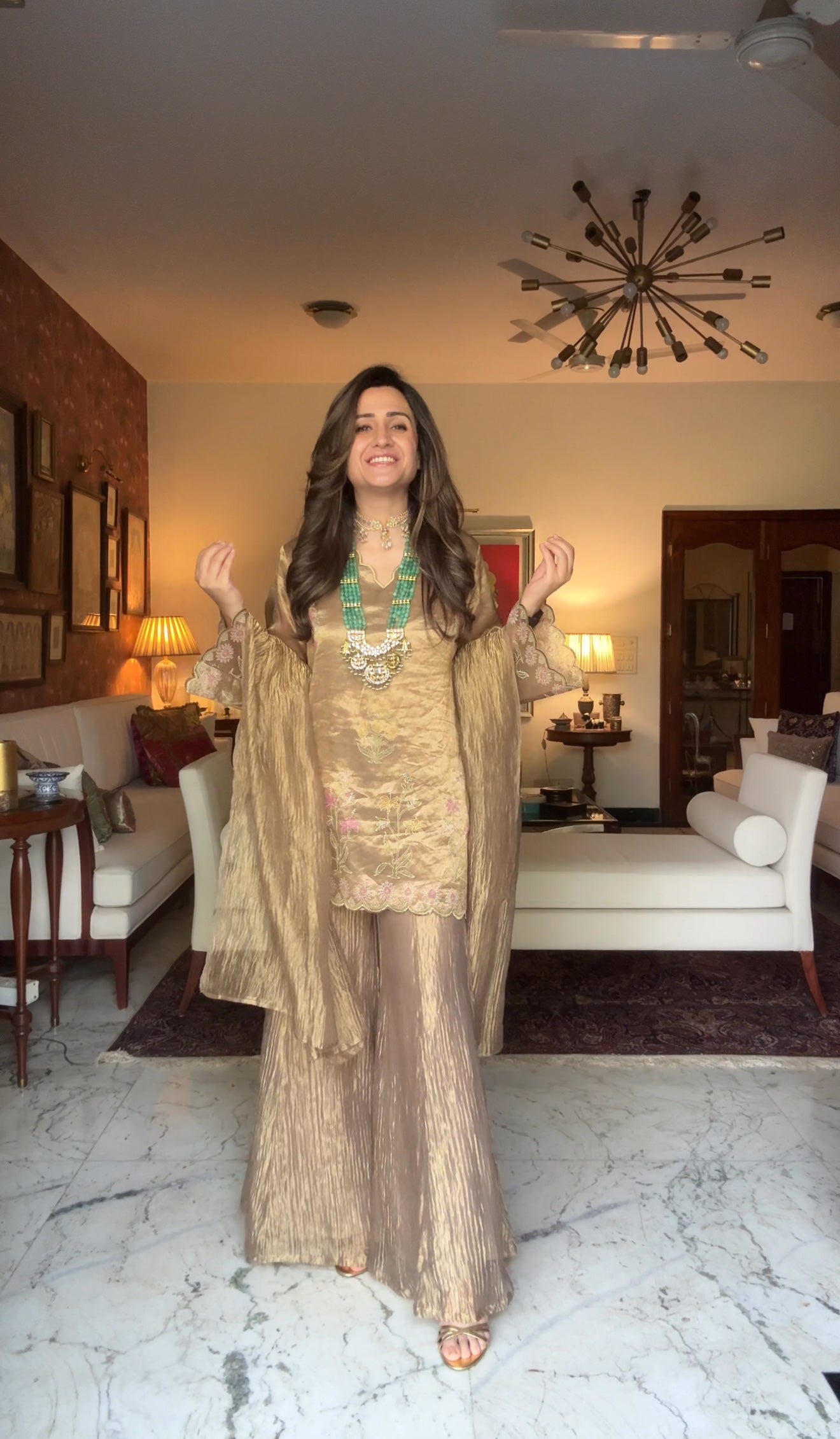 Gold Tissue Block Print Sharara Set