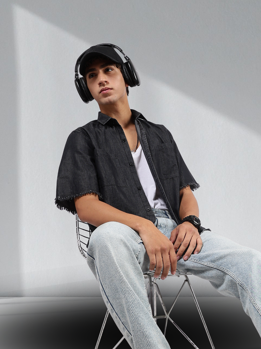 Black Raw Edge Oversized Box-Fit Spread Collar Premium Denim Shirt
