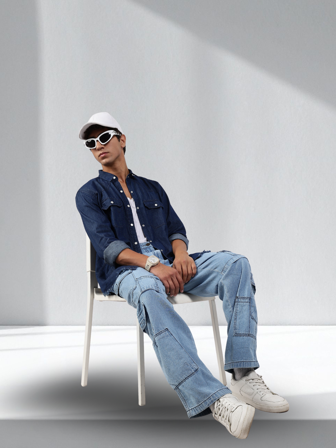 Navy Blue Raw Edge Oversized Relaxed Fit Spread Collar Premium Denim Full Sleeve Shirt