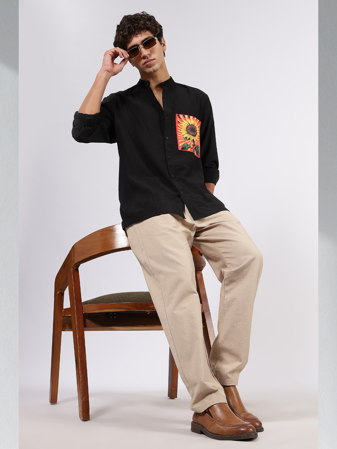 Black Mandarin Collar Premium Relaxed Fit Viscose Resort Shirt
