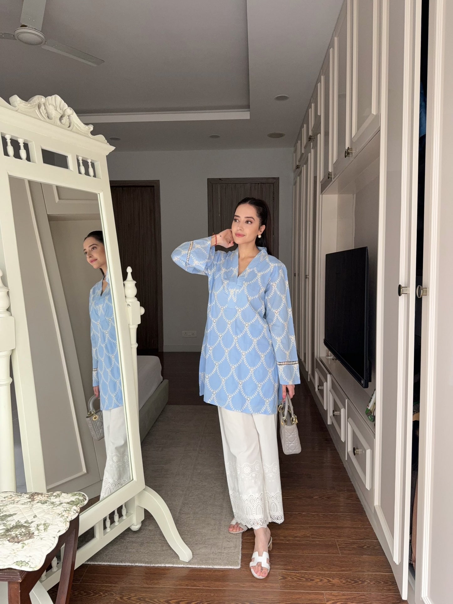 Aqua Blue Cutwork Kurta Coord Set