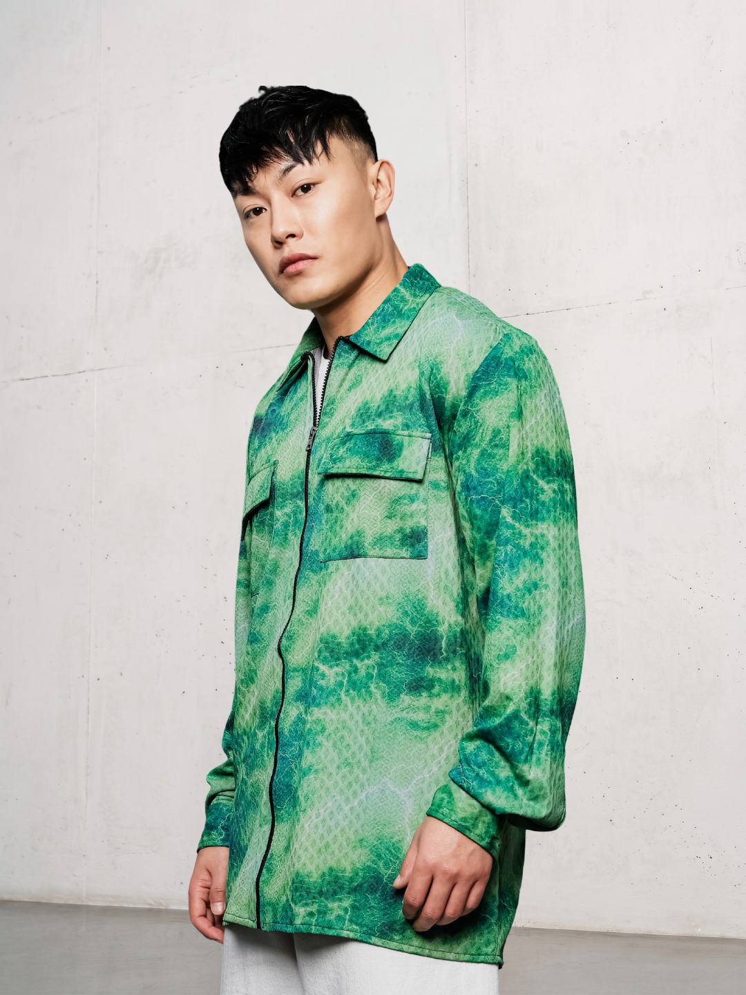 Grey & Green Abstract Printed Drop-Shoulder Relaxed Fit Shirt Zipper Shirt