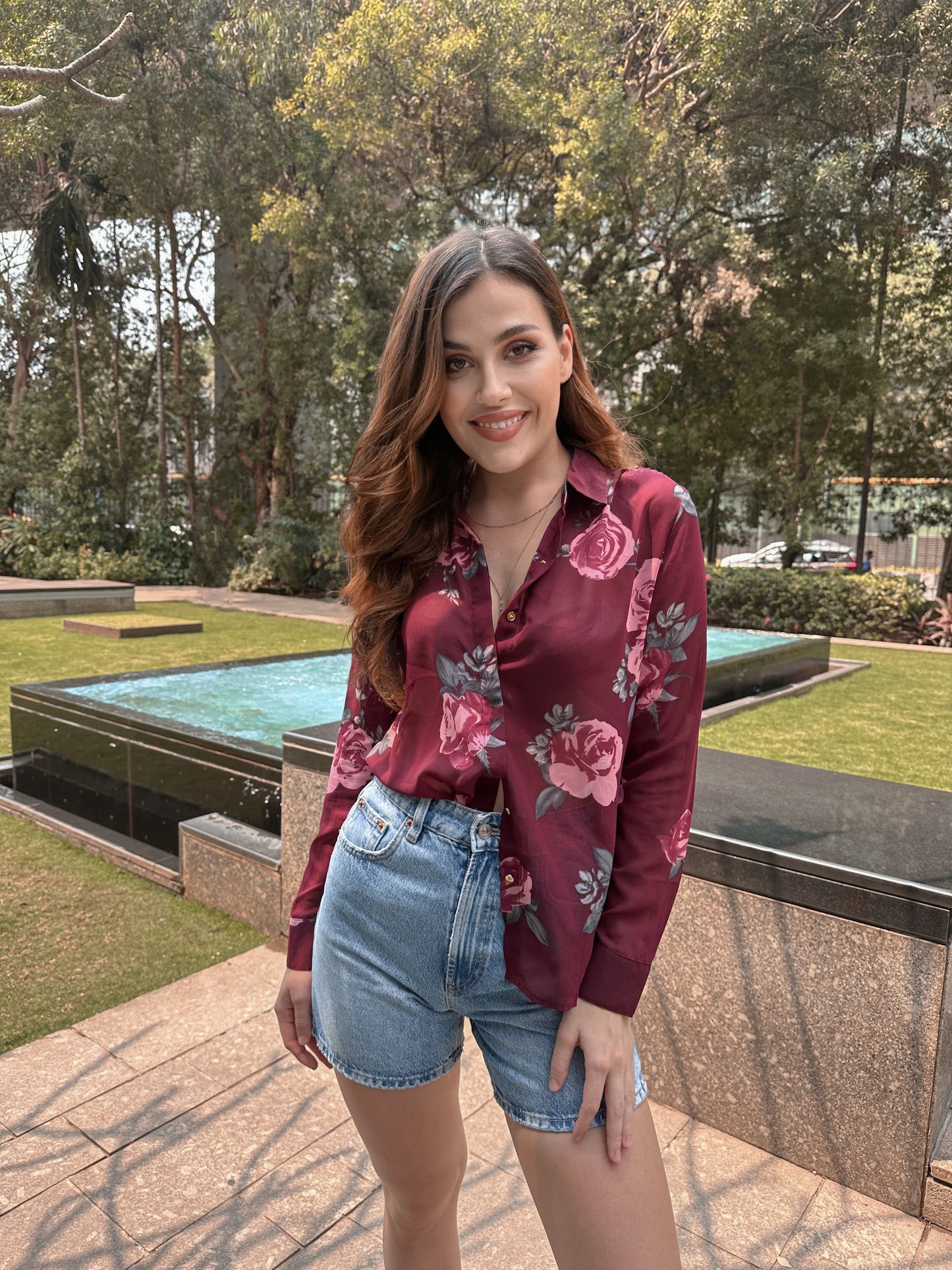 Wine Floral Print Shirt