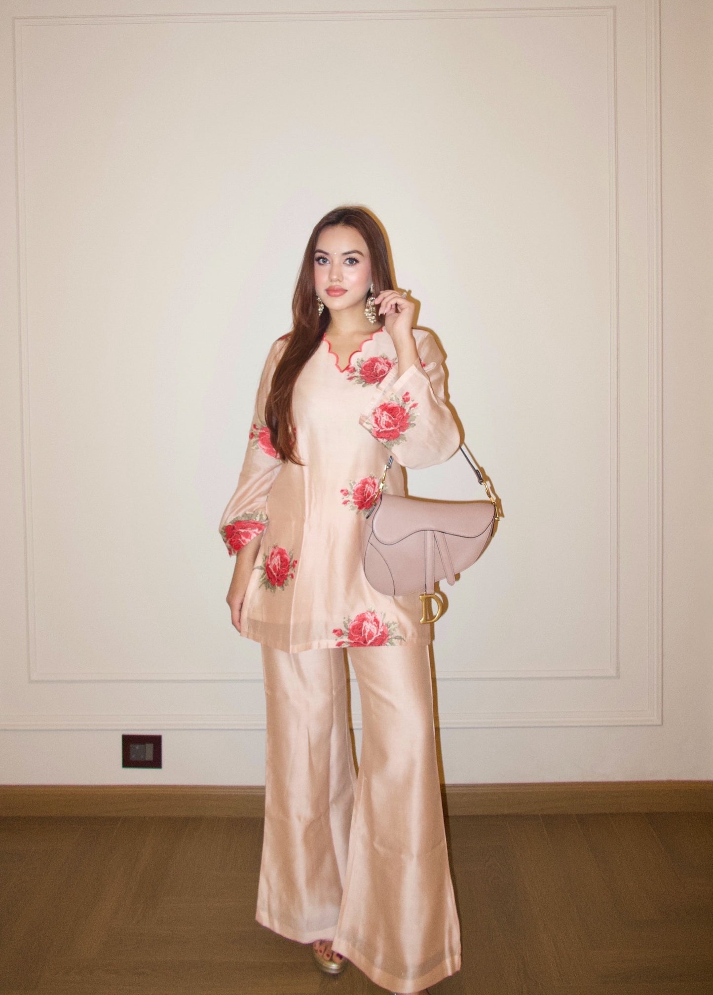 Peach Embroidered Floral Coord Set