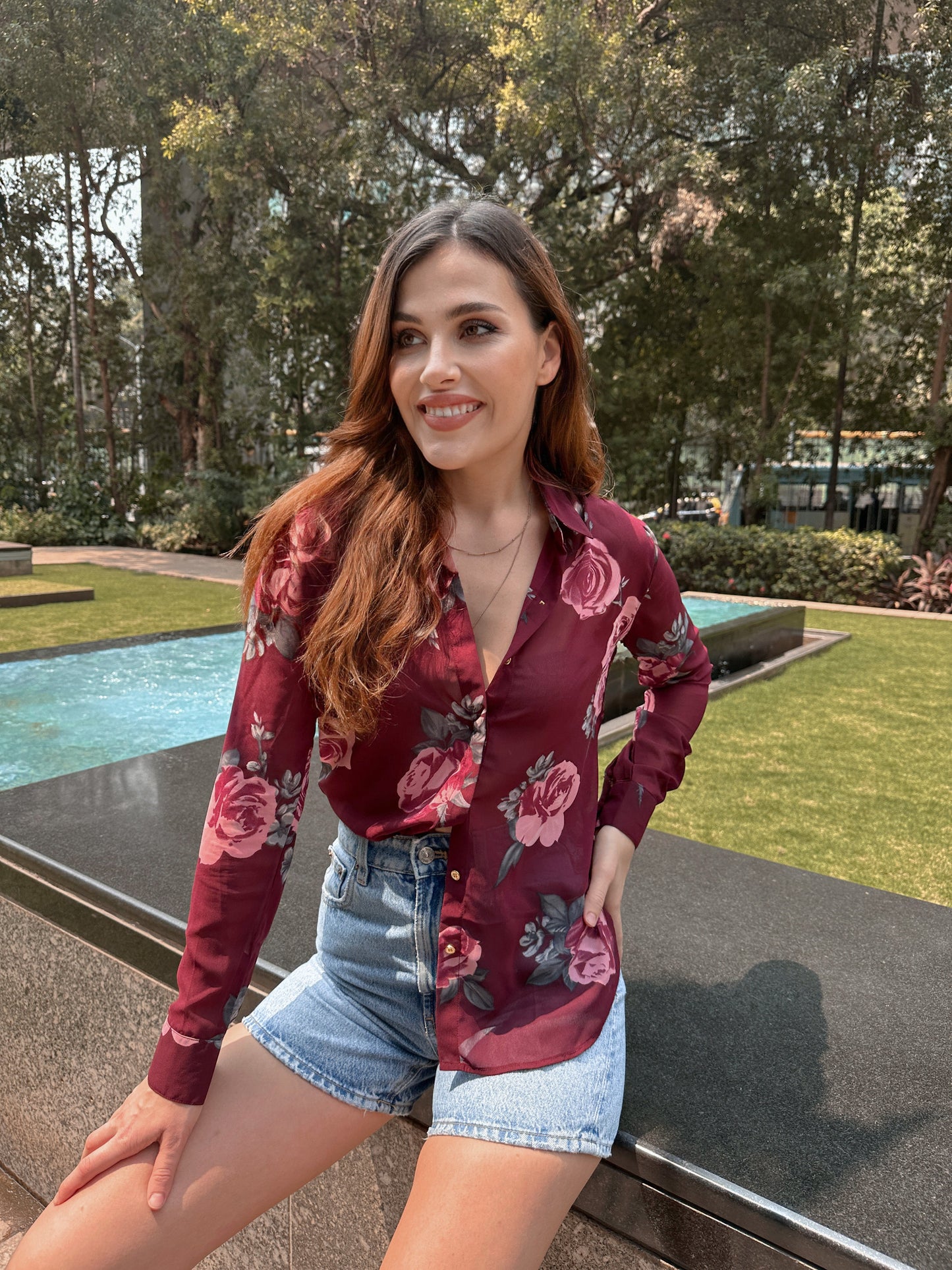 Wine Floral Print Shirt
