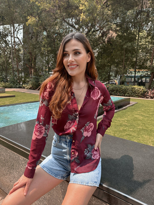Wine Floral Print Shirt