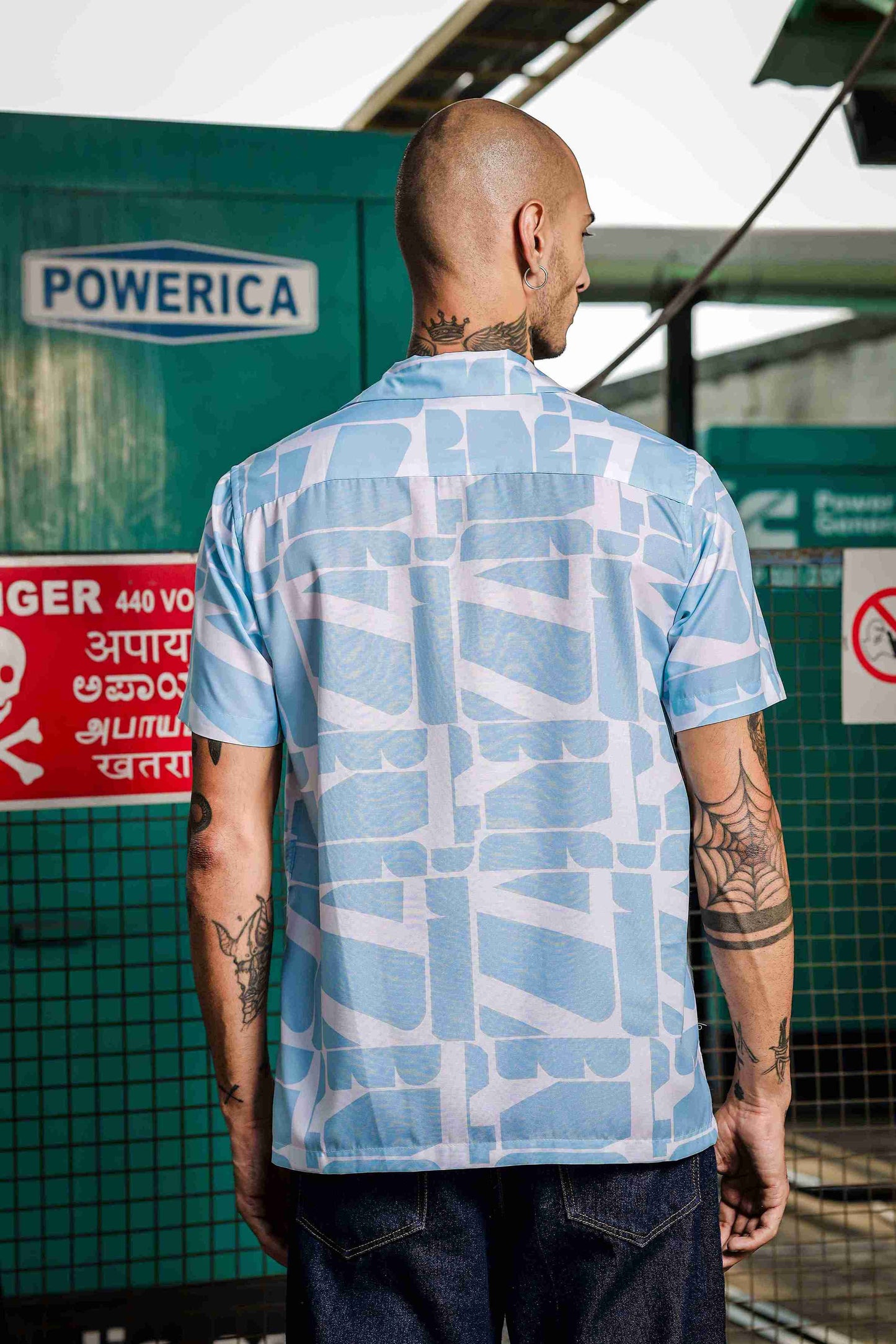 Blue Abstract Print Cuban Collar Relaxed Fit Resort Shirt