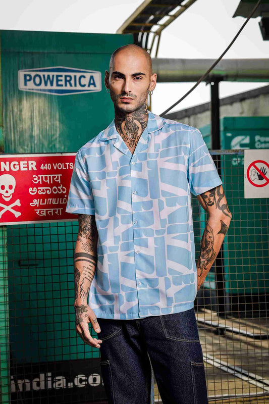 Blue Abstract Print Cuban Collar Relaxed Fit Resort Shirt