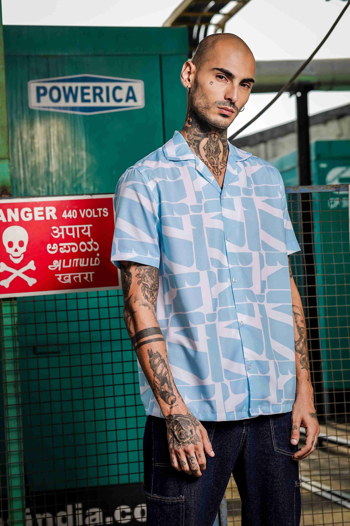 Blue Abstract Print Cuban Collar Relaxed Fit Resort Shirt