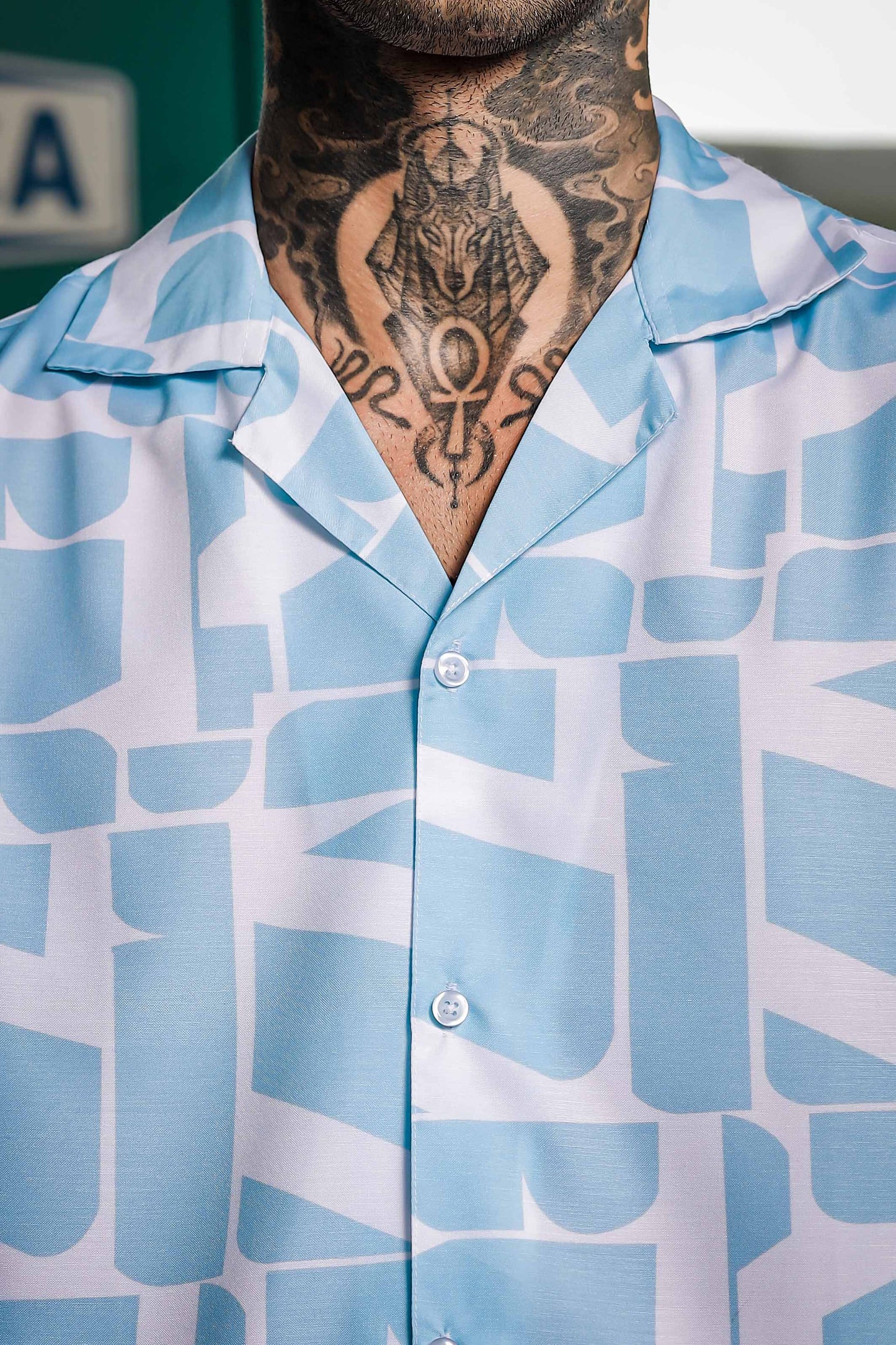 Blue Abstract Print Cuban Collar Relaxed Fit Resort Shirt