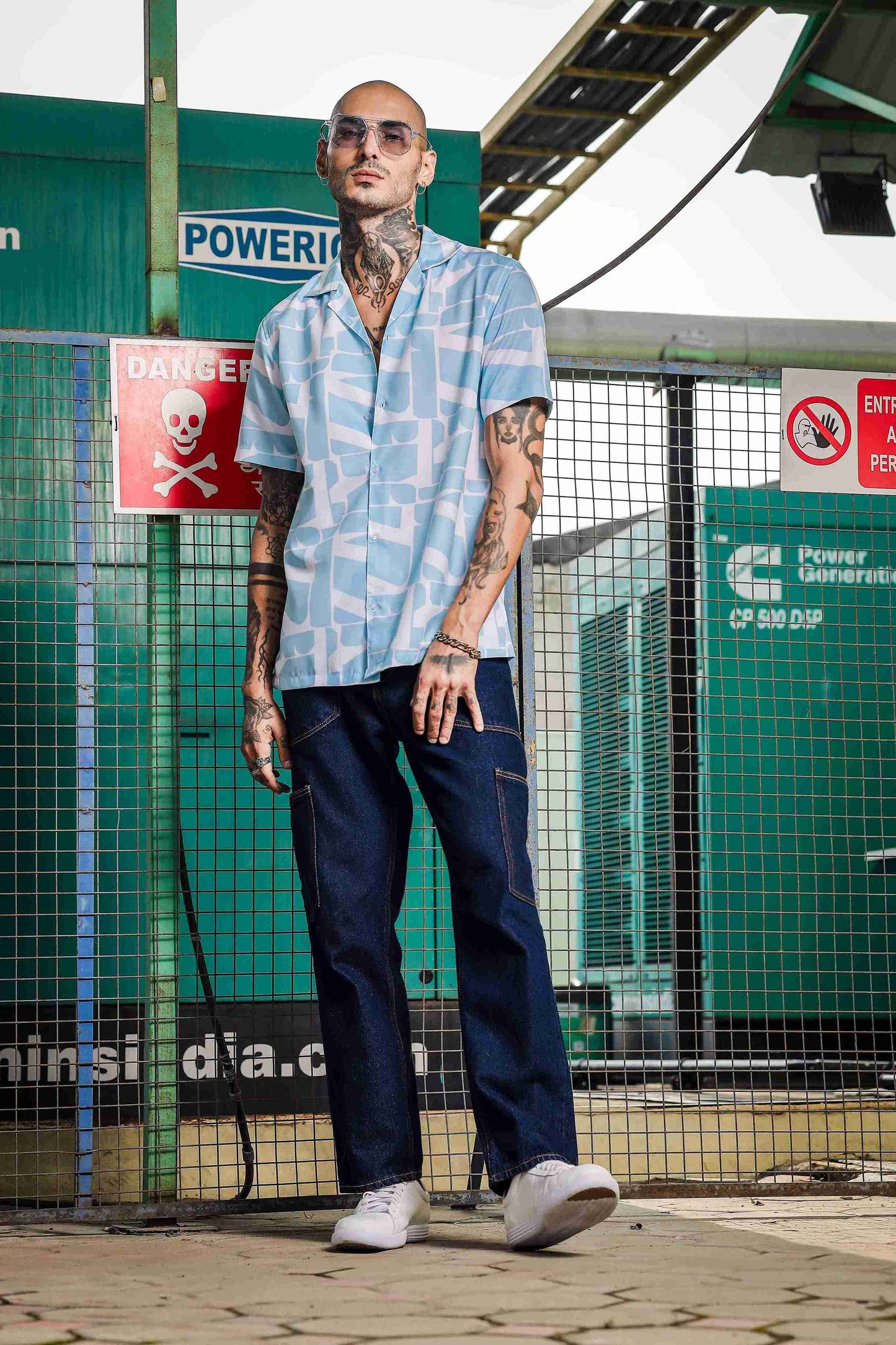 Blue Abstract Print Cuban Collar Relaxed Fit Resort Shirt
