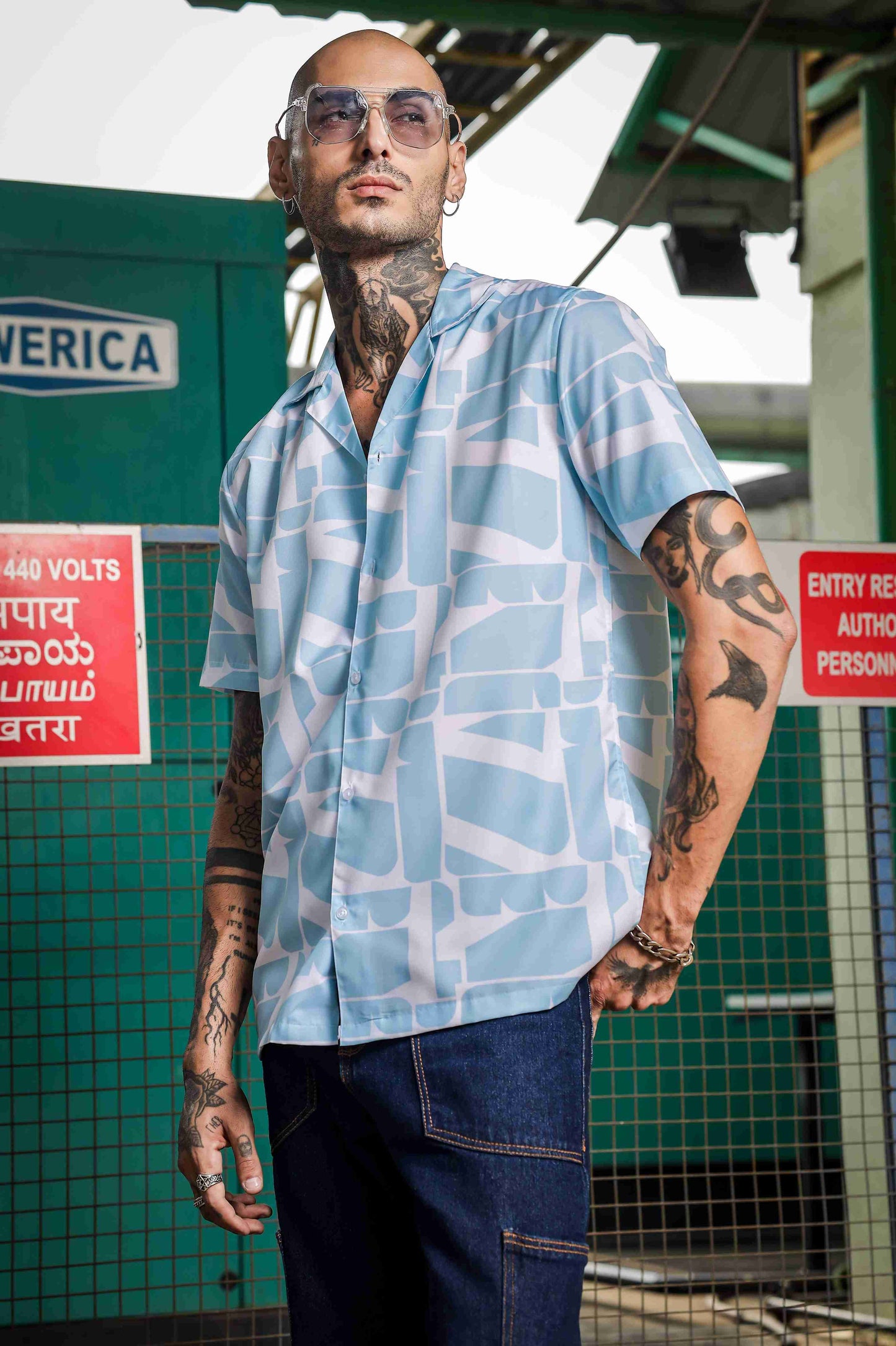 Blue Abstract Print Cuban Collar Relaxed Fit Resort Shirt