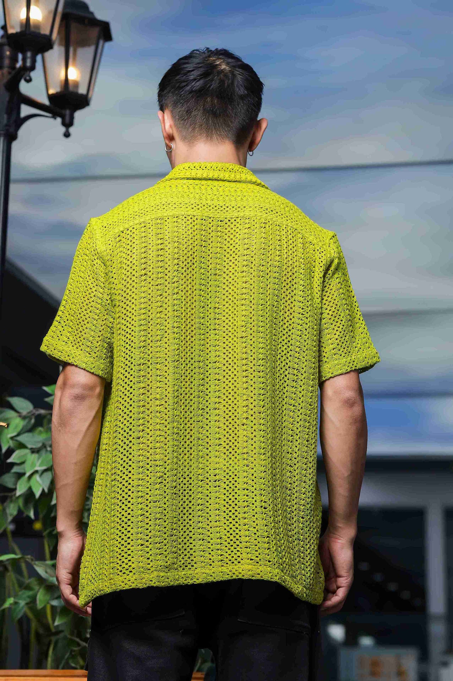 Lime Green Relaxed Fit Pure Cotton Crochet Resort Shirt