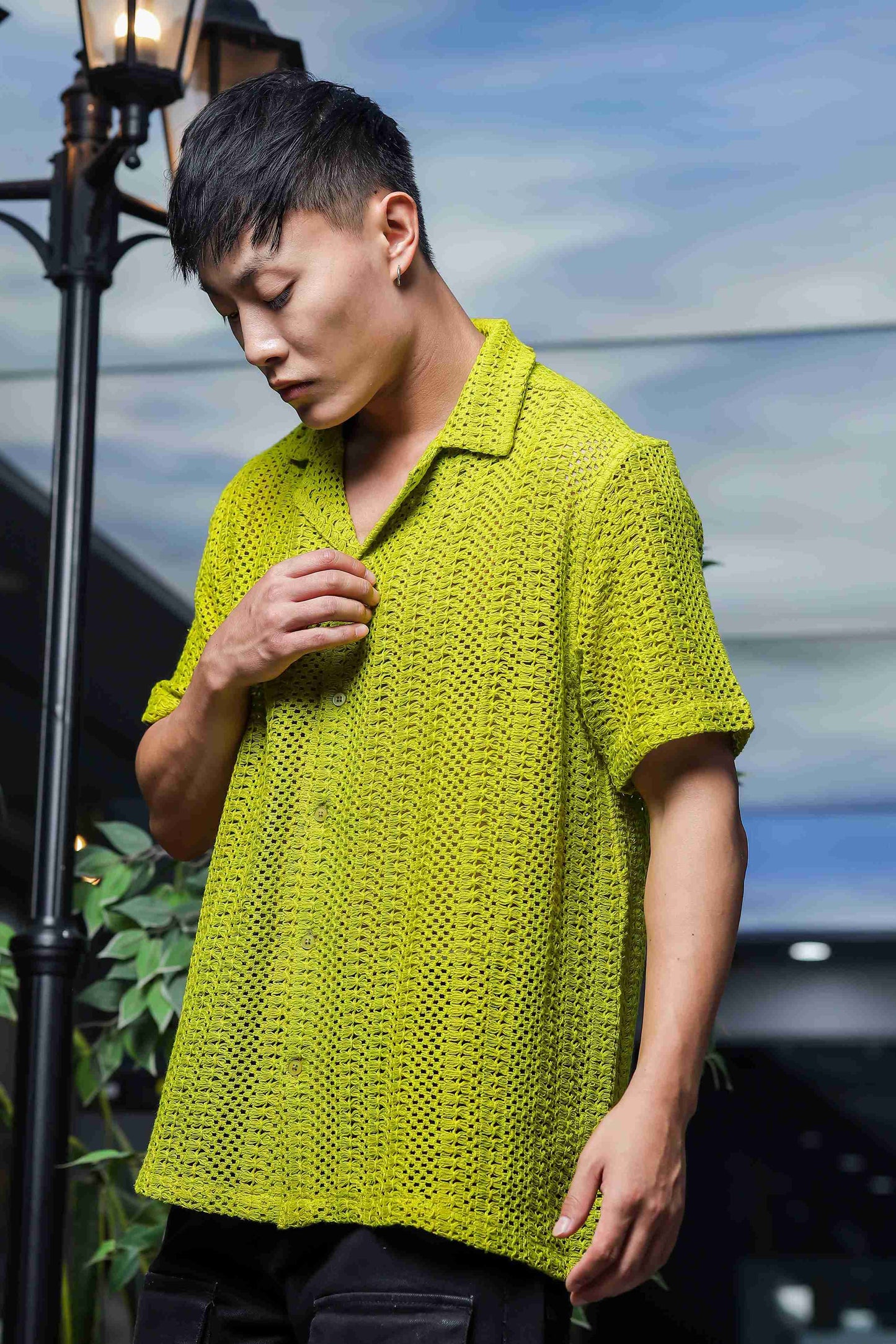 Lime Green Relaxed Fit Pure Cotton Crochet Resort Shirt