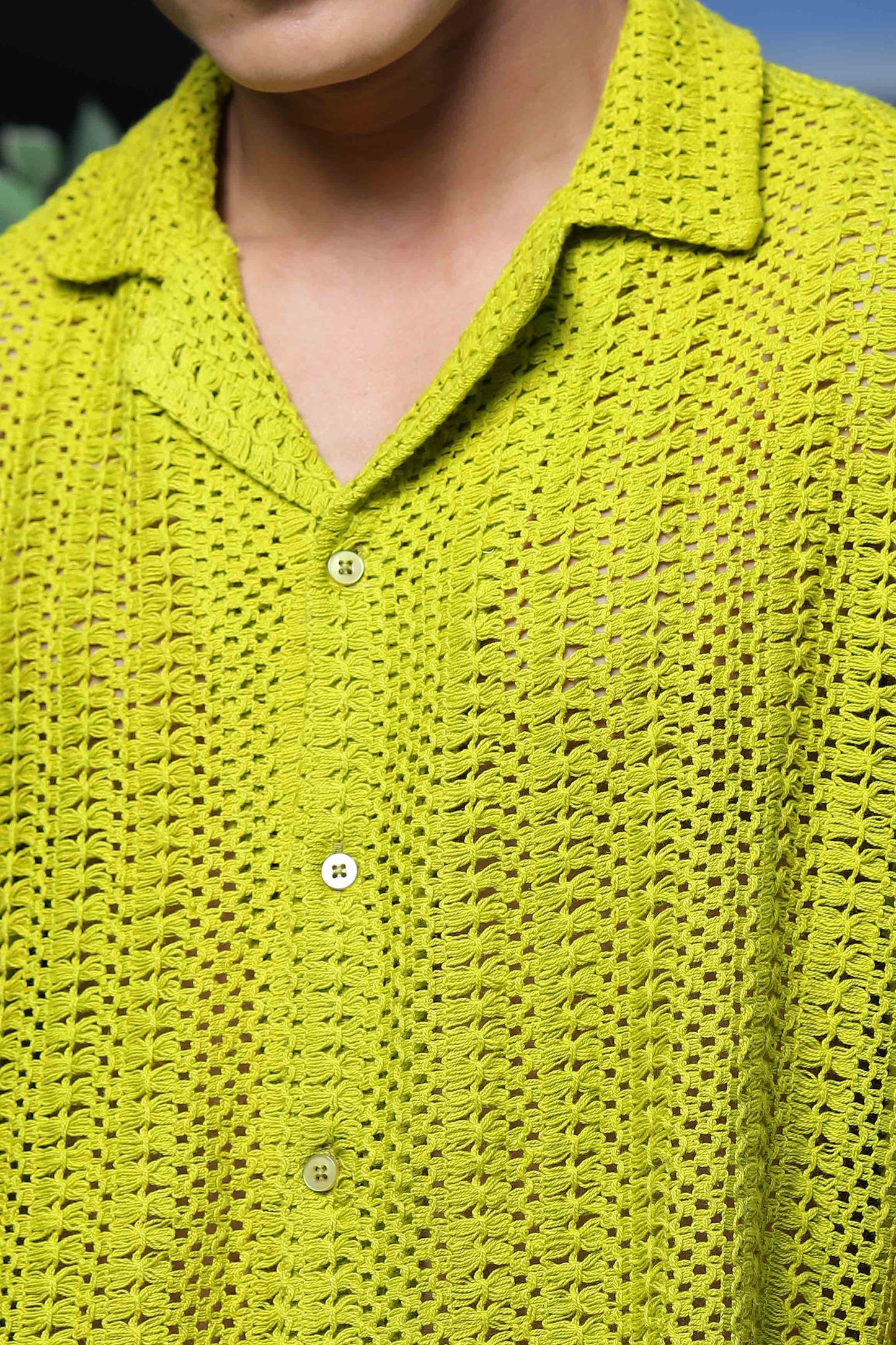 Lime Green Relaxed Fit Pure Cotton Crochet Resort Shirt