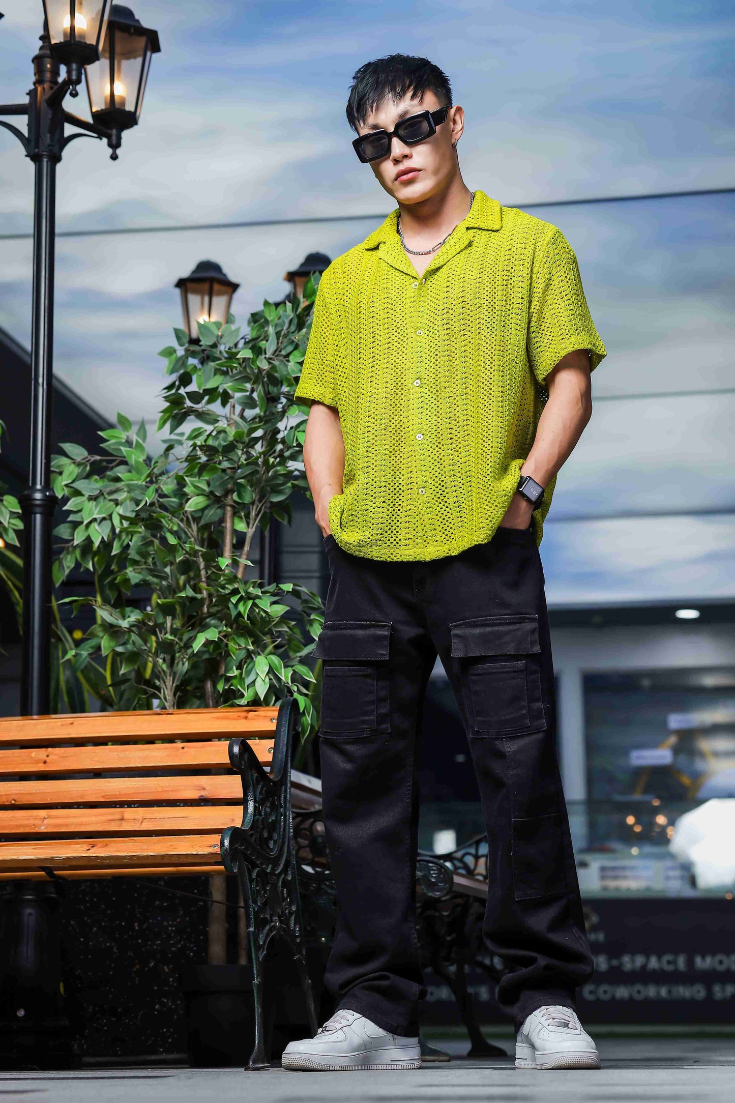 Lime Green Relaxed Fit Pure Cotton Crochet Resort Shirt
