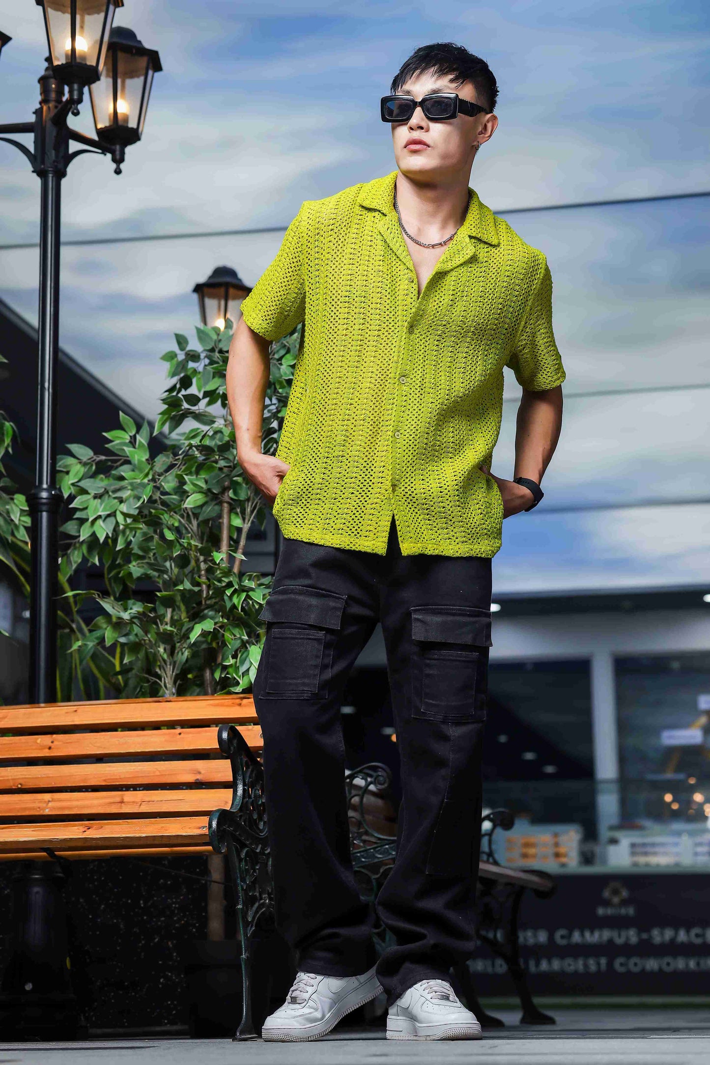 Lime Green Relaxed Fit Pure Cotton Crochet Resort Shirt