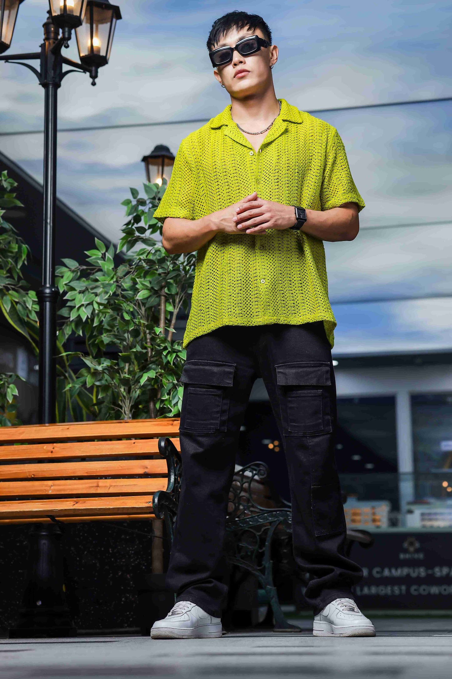 Lime Green Relaxed Fit Pure Cotton Crochet Resort Shirt