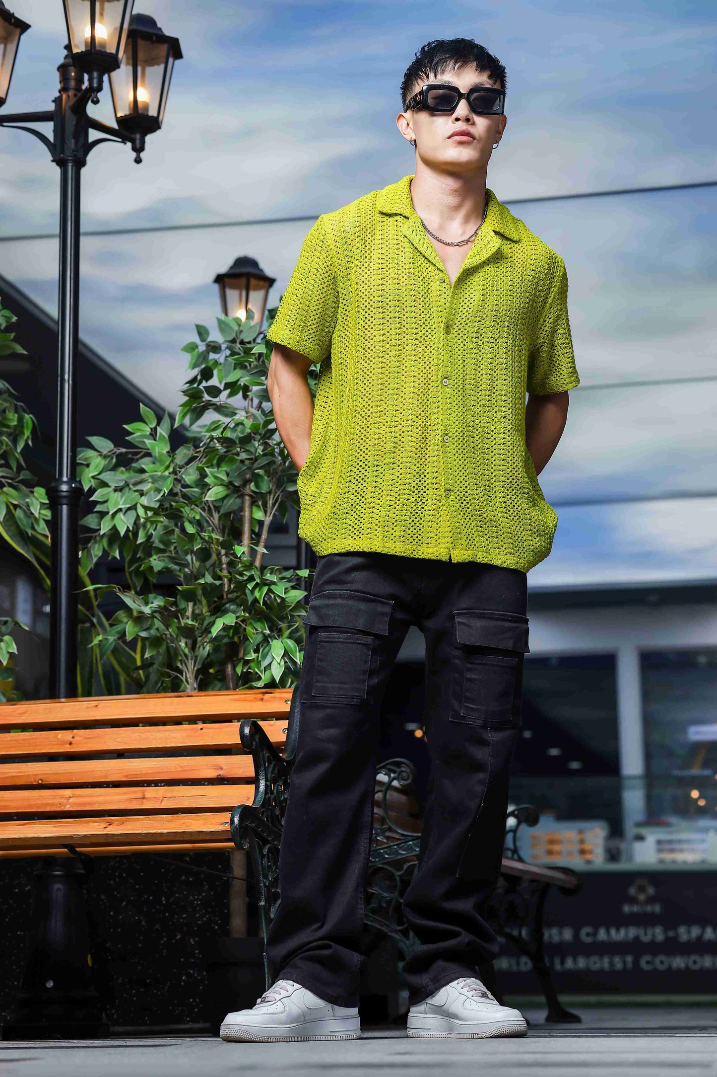 Lime Green Relaxed Fit Pure Cotton Crochet Resort Shirt