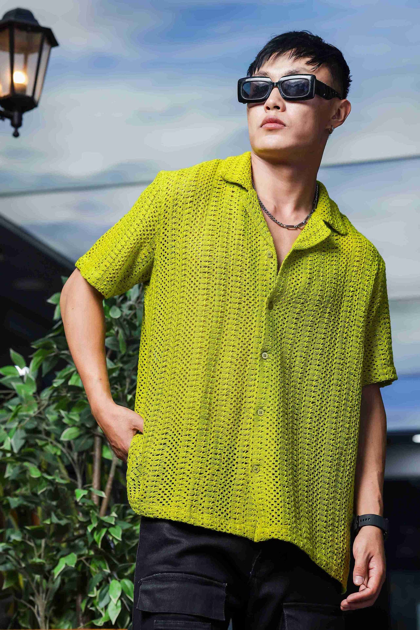 Lime Green Relaxed Fit Pure Cotton Crochet Resort Shirt