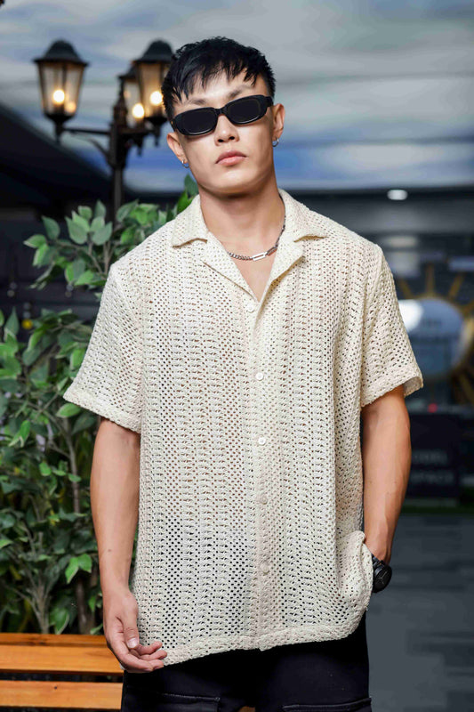 Off White Relaxed Fit Pure Cotton Crochet Resort Shirt