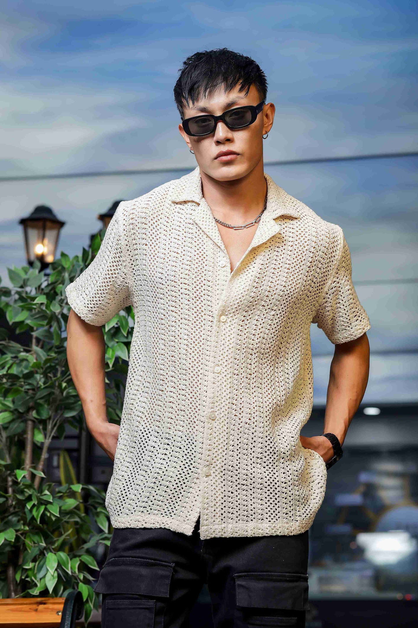 Off White Relaxed Fit Pure Cotton Crochet Resort Shirt