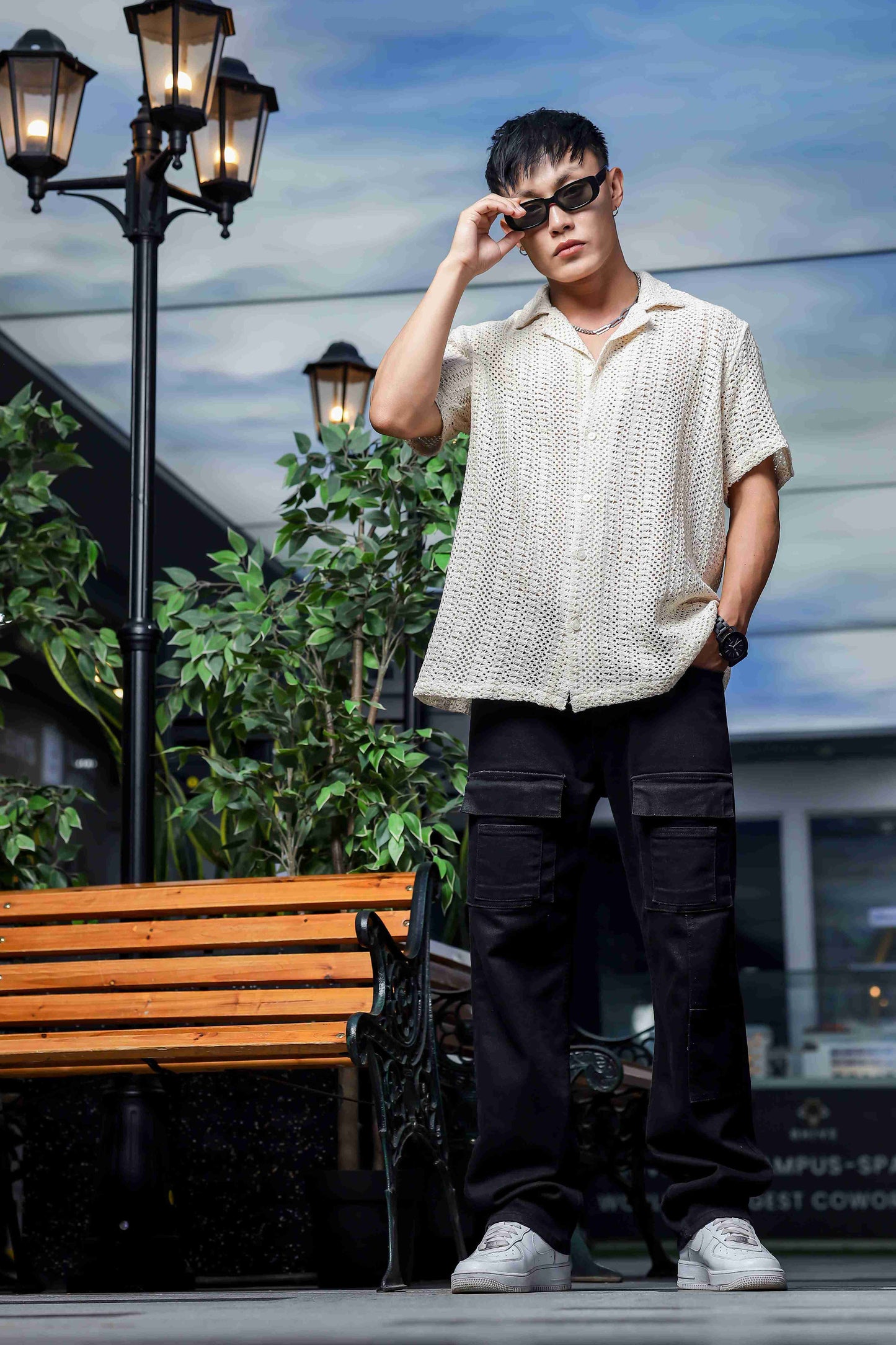 Off White Relaxed Fit Pure Cotton Crochet Resort Shirt