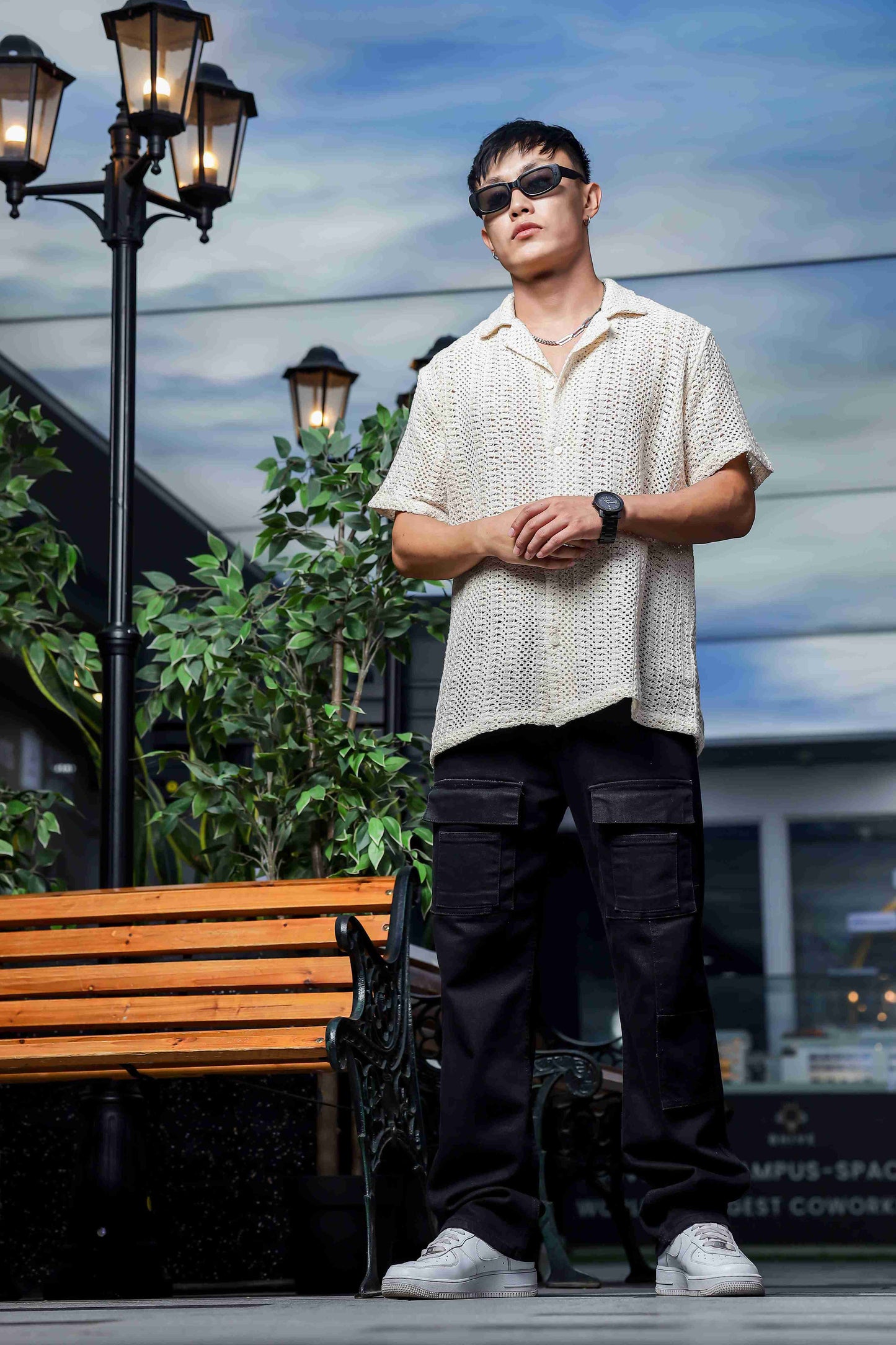 Off White Relaxed Fit Pure Cotton Crochet Resort Shirt