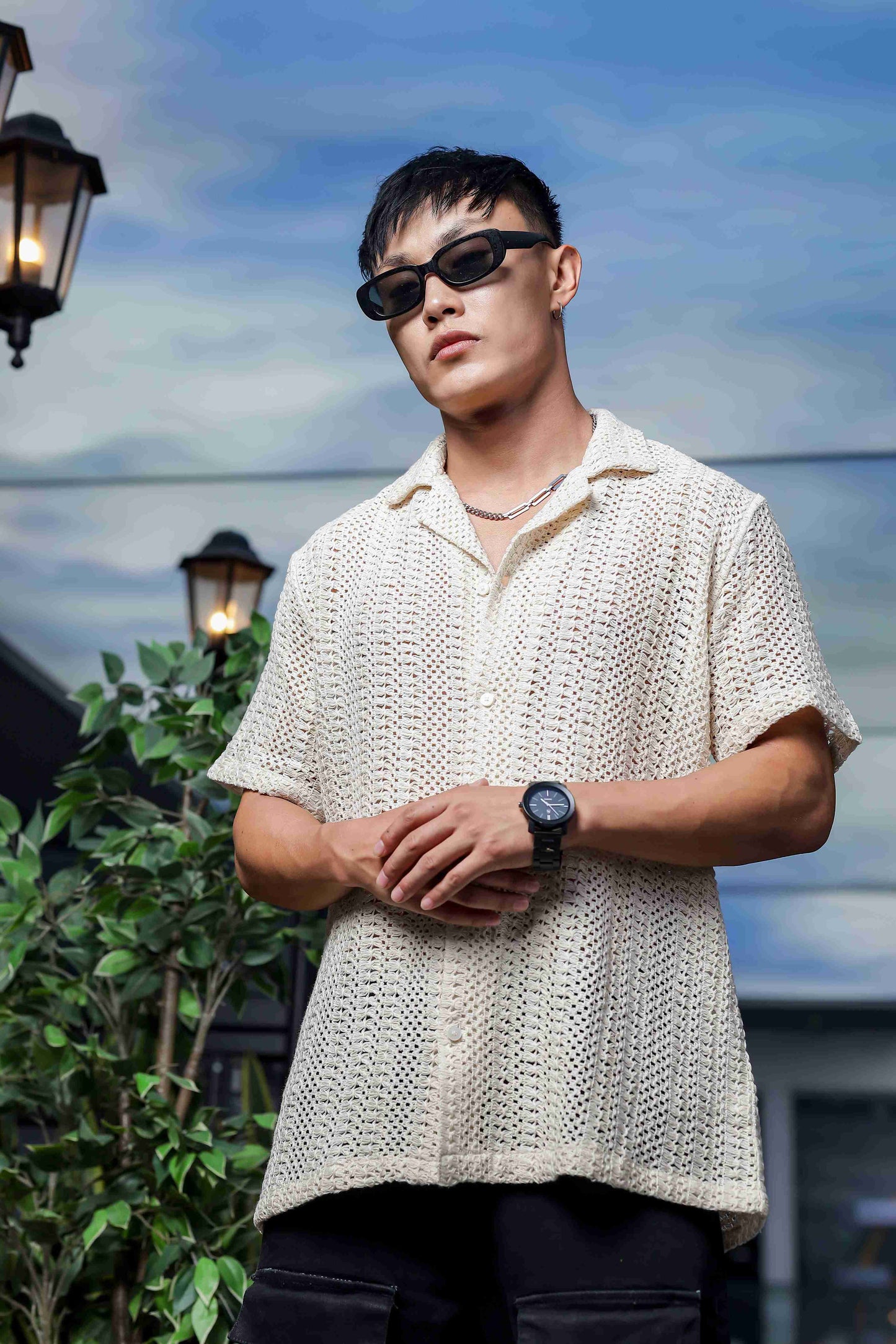 Off White Relaxed Fit Pure Cotton Crochet Resort Shirt