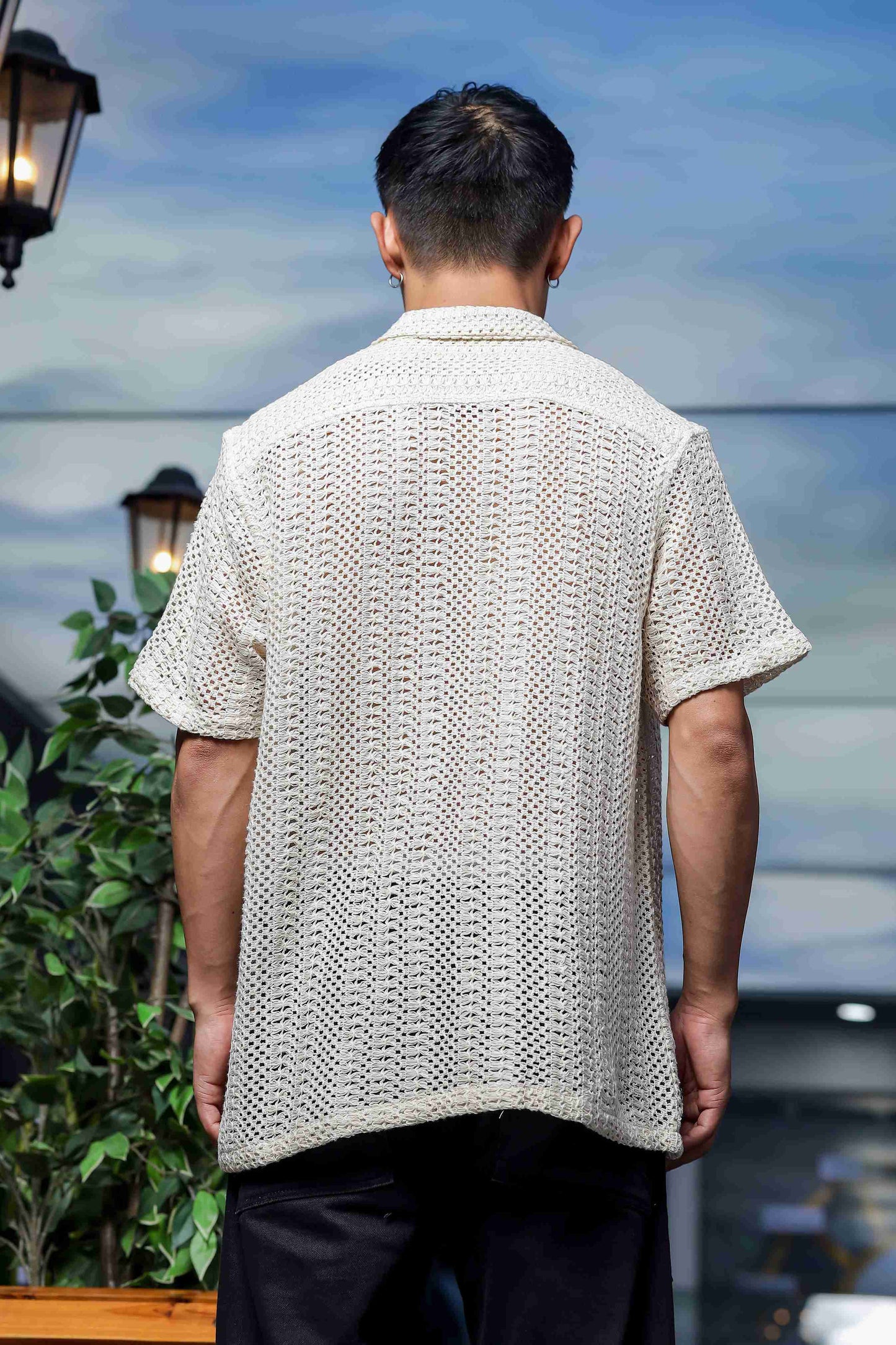 Off White Relaxed Fit Pure Cotton Crochet Resort Shirt