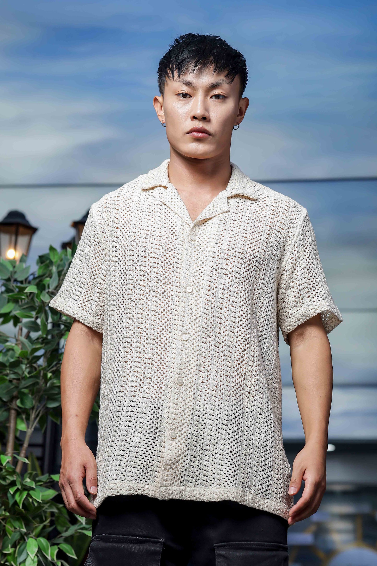 Off White Relaxed Fit Pure Cotton Crochet Resort Shirt