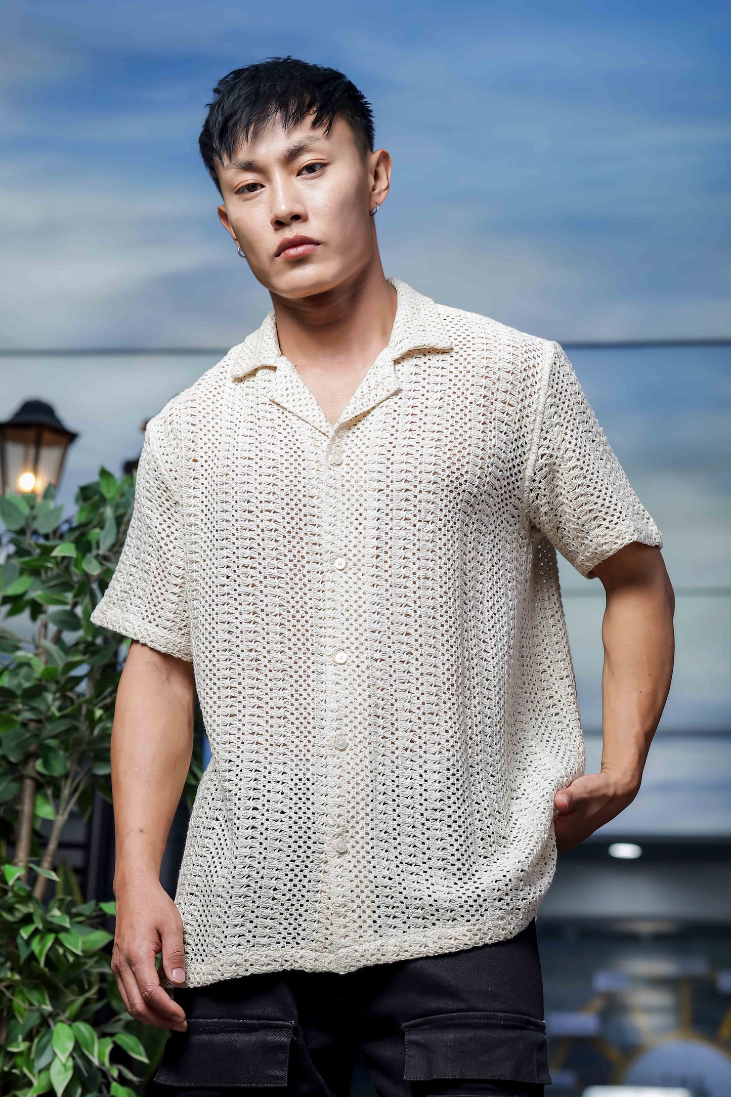 Off White Relaxed Fit Pure Cotton Crochet Resort Shirt