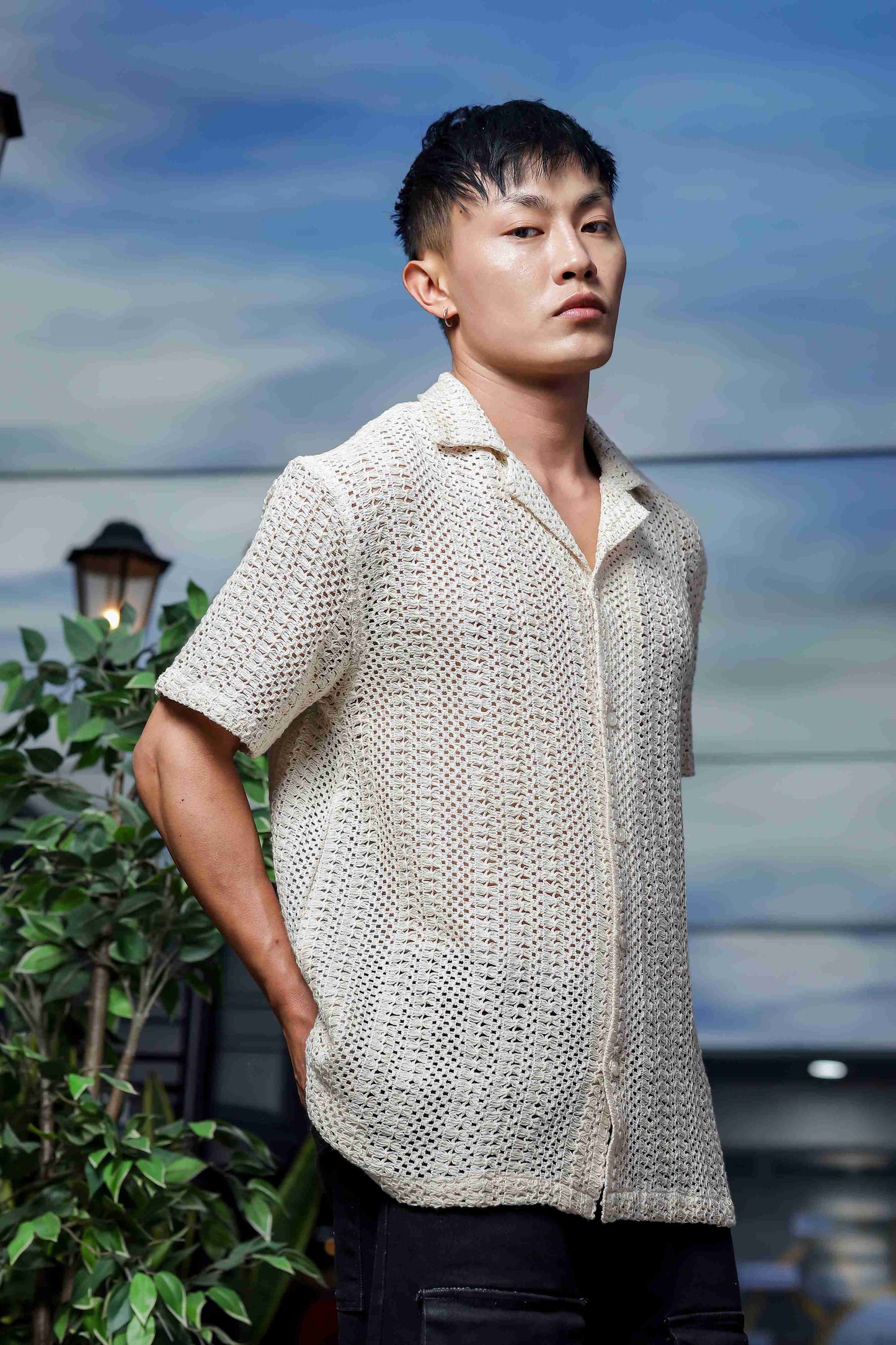 Off White Relaxed Fit Pure Cotton Crochet Resort Shirt