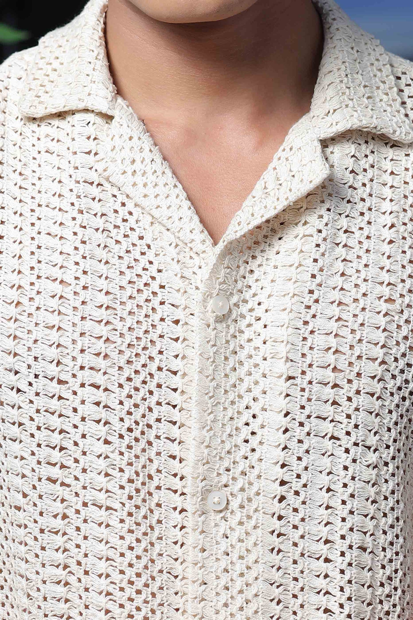 Off White Relaxed Fit Pure Cotton Crochet Resort Shirt