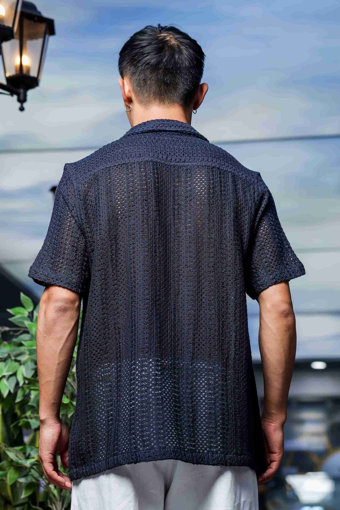 Unisex Relaxed Fit Black Cotton Crochet Resort Shirt