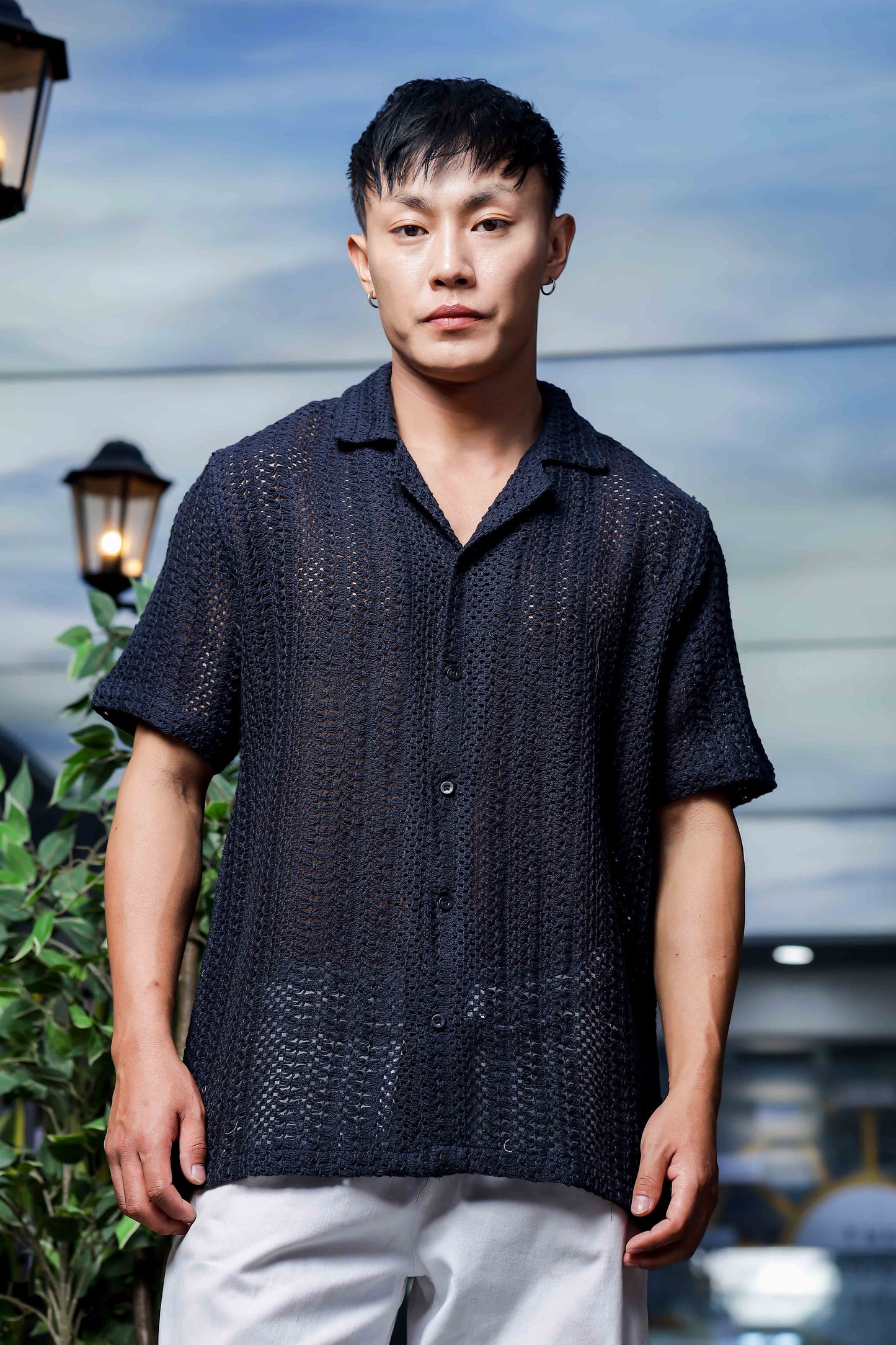 Unisex Relaxed Fit Black Cotton Crochet Resort Shirt