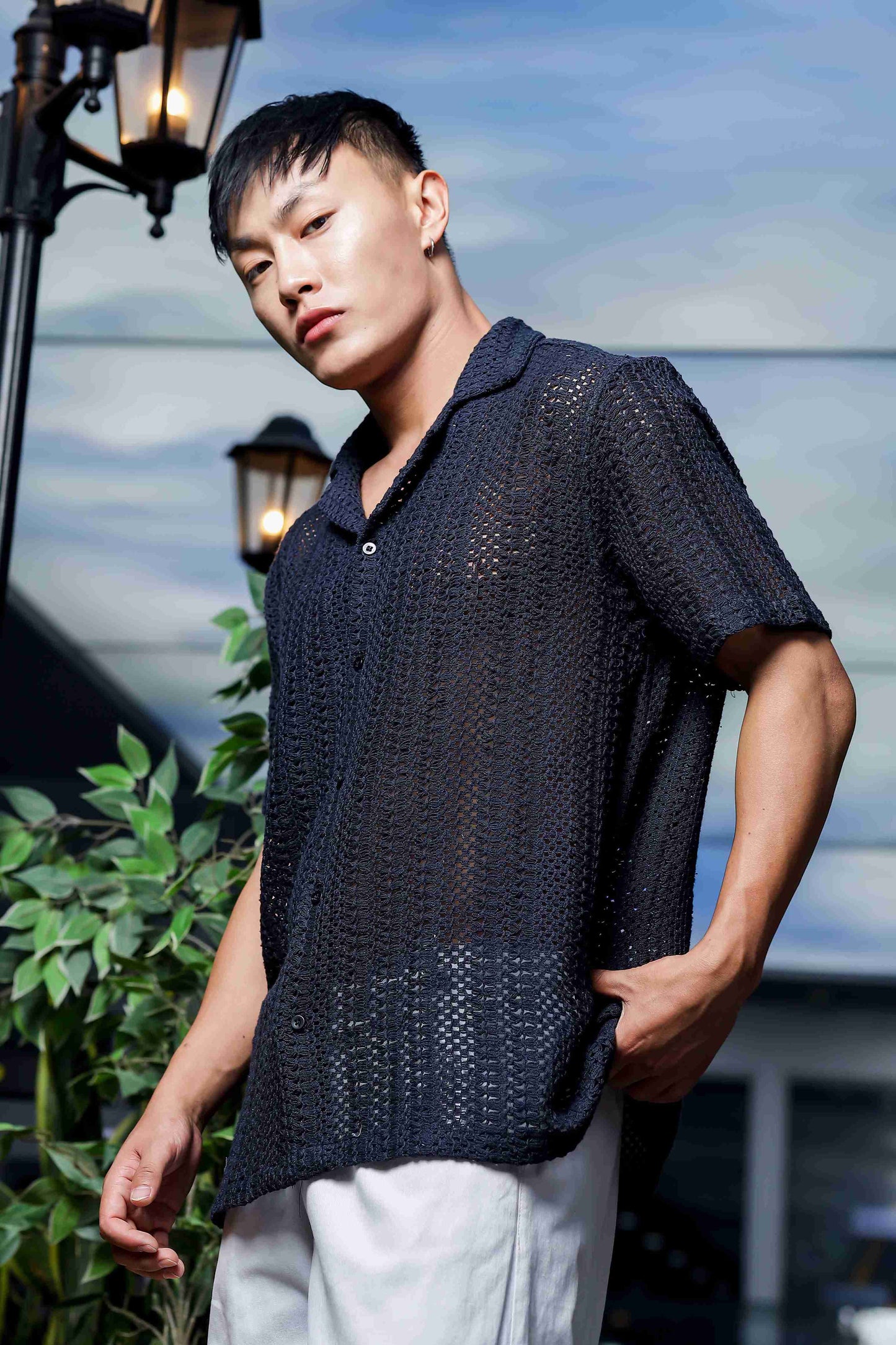 Unisex Relaxed Fit Black Cotton Crochet Resort Shirt