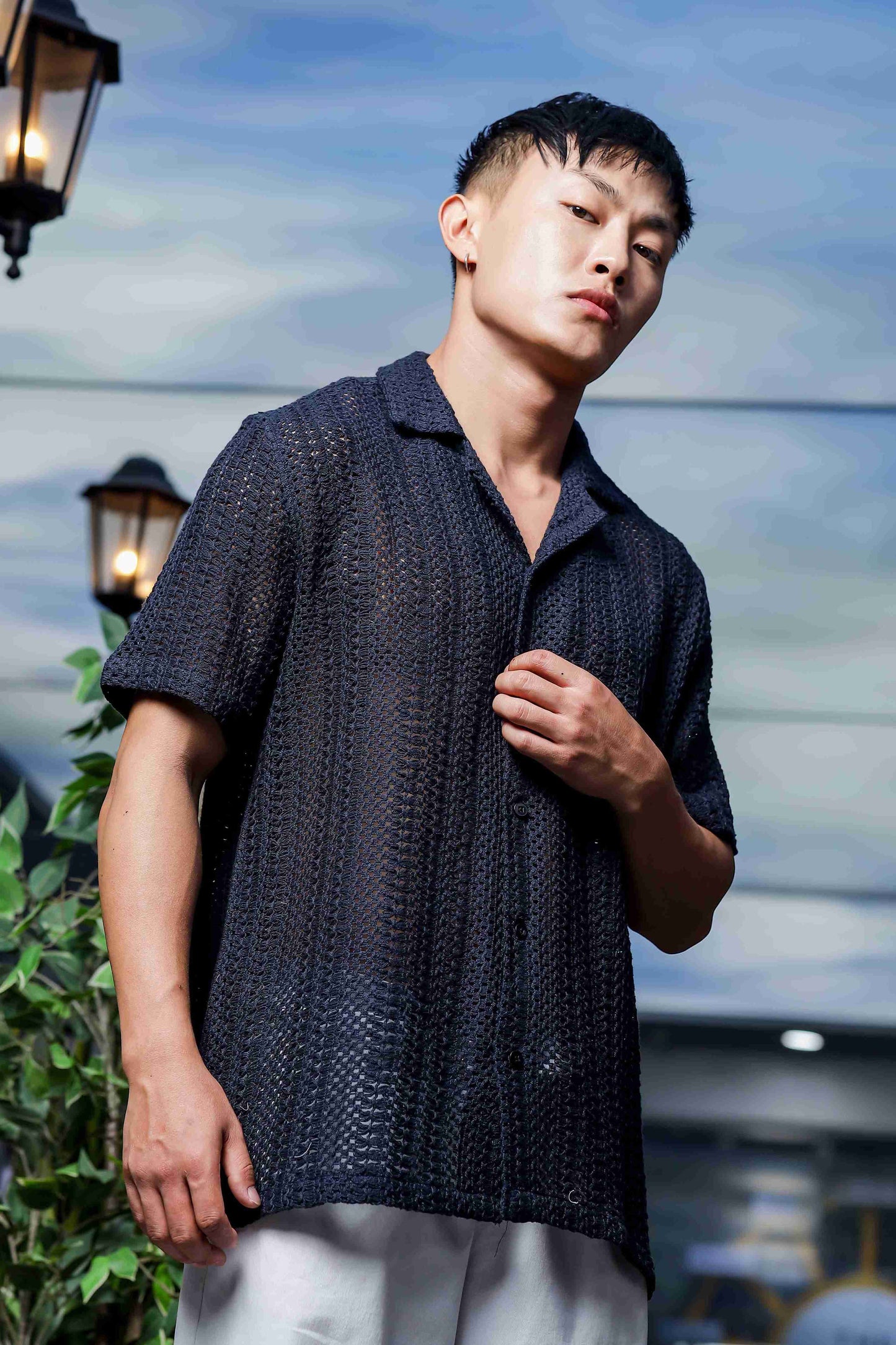 Unisex Relaxed Fit Black Cotton Crochet Resort Shirt
