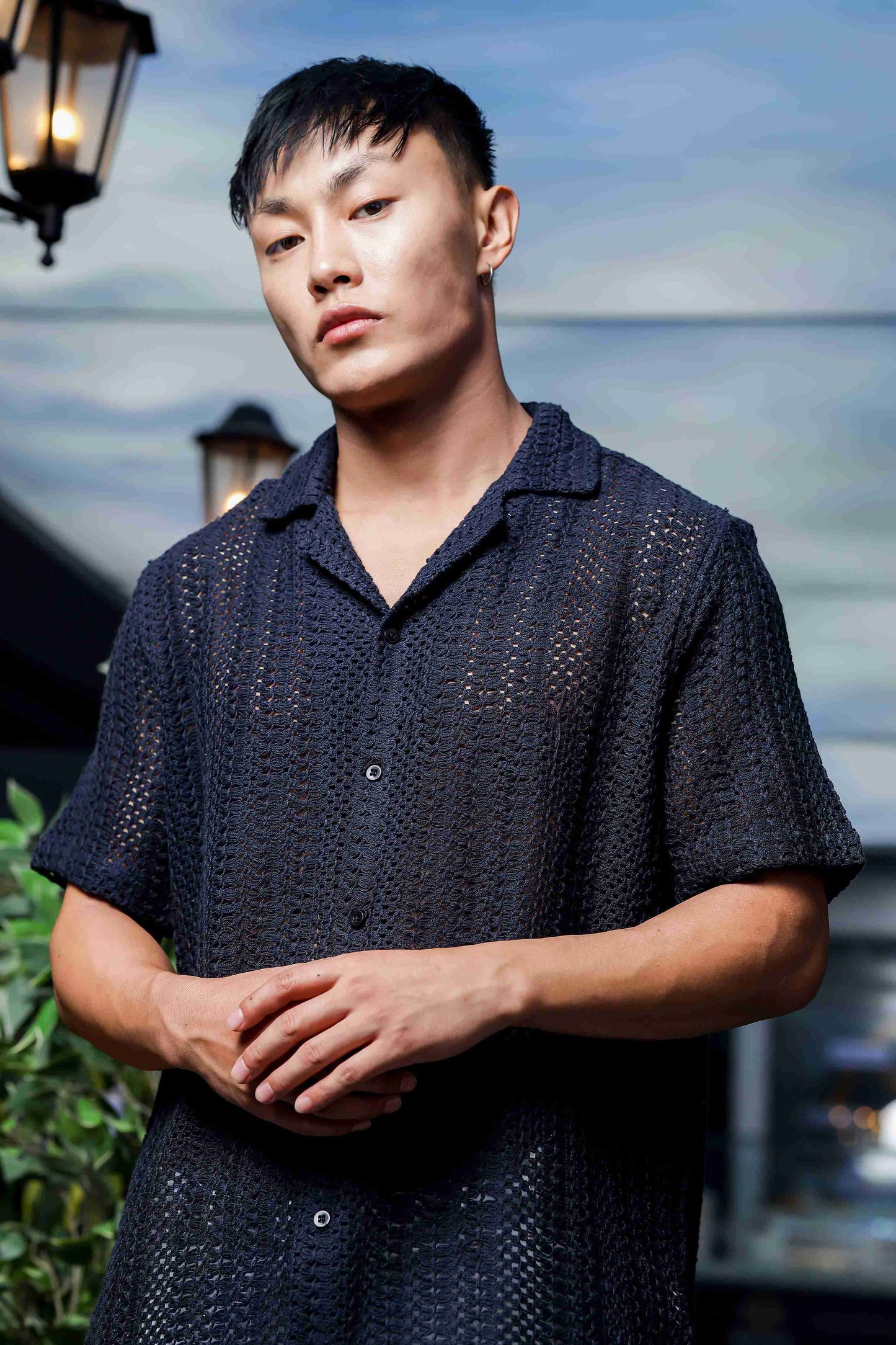 Unisex Relaxed Fit Black Cotton Crochet Resort Shirt