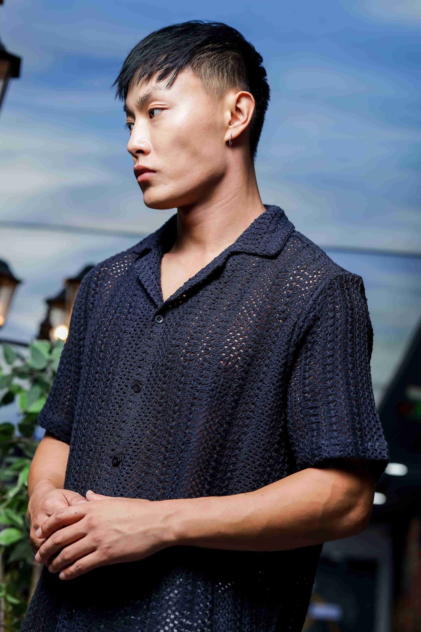 Unisex Relaxed Fit Black Cotton Crochet Resort Shirt