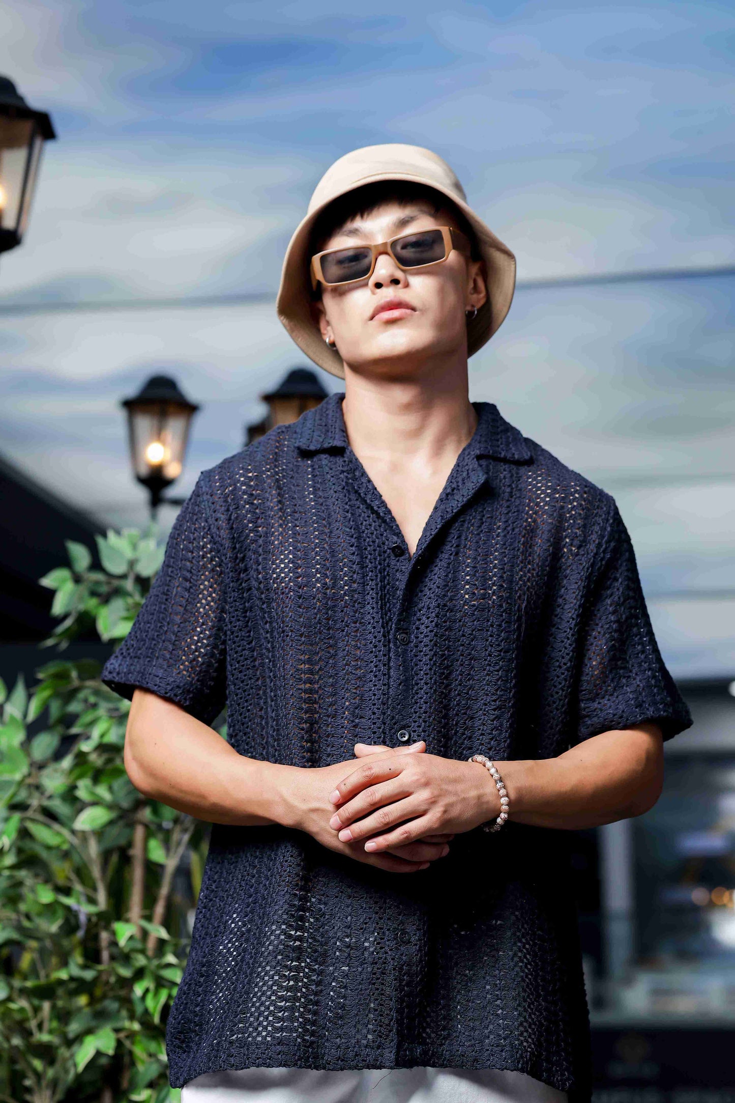 Unisex Relaxed Fit Black Cotton Crochet Resort Shirt